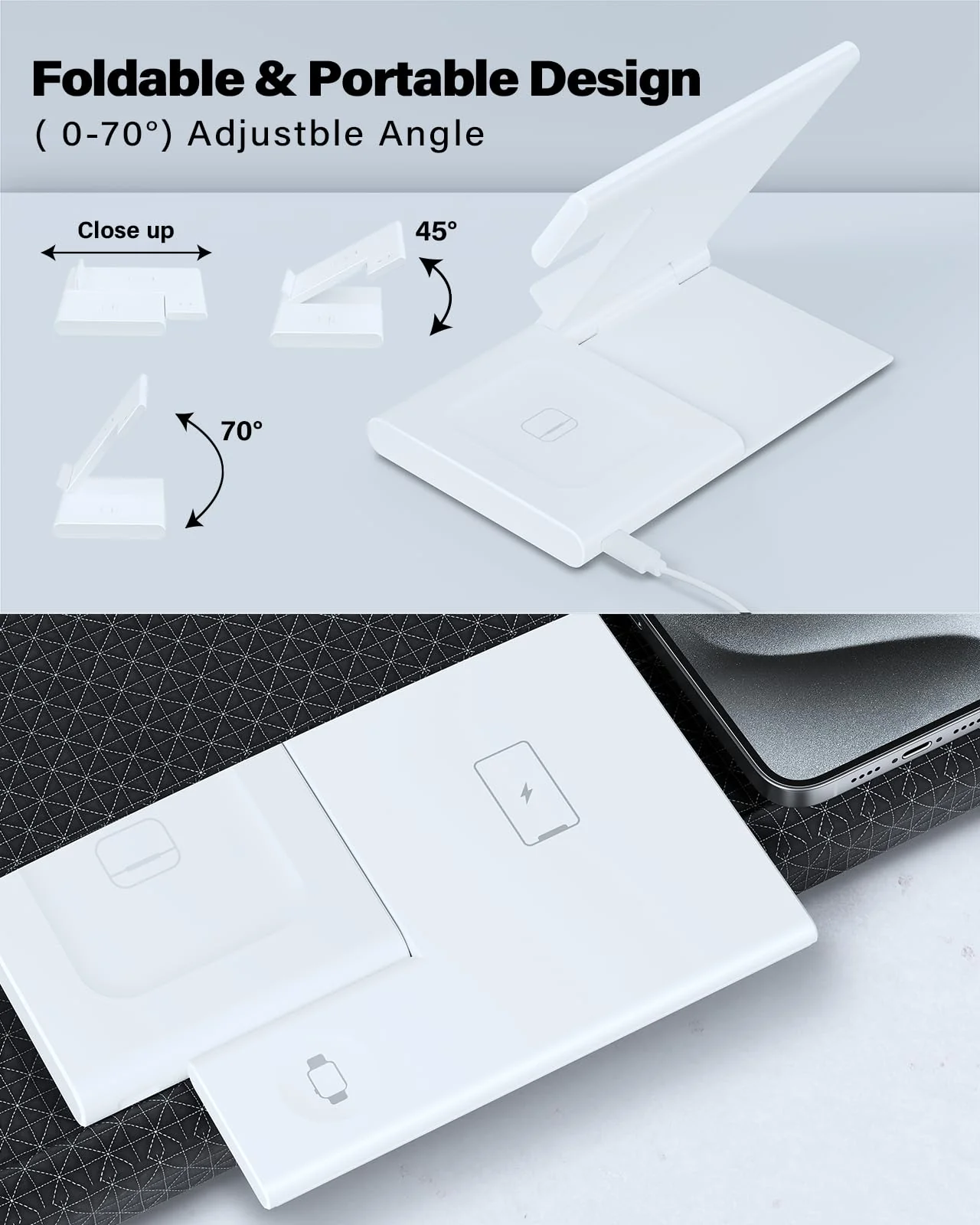 Charging Station for Apple Multiple Devices, Foldable 3 in 1 Wireless Charger for iPhone 16 15 14 13 Pro Max Plus &Apple Watch 10 9 Ultra 8 7 6 5 4 3 2 SE/AirPods Pro 4 3 2 White - Image 5