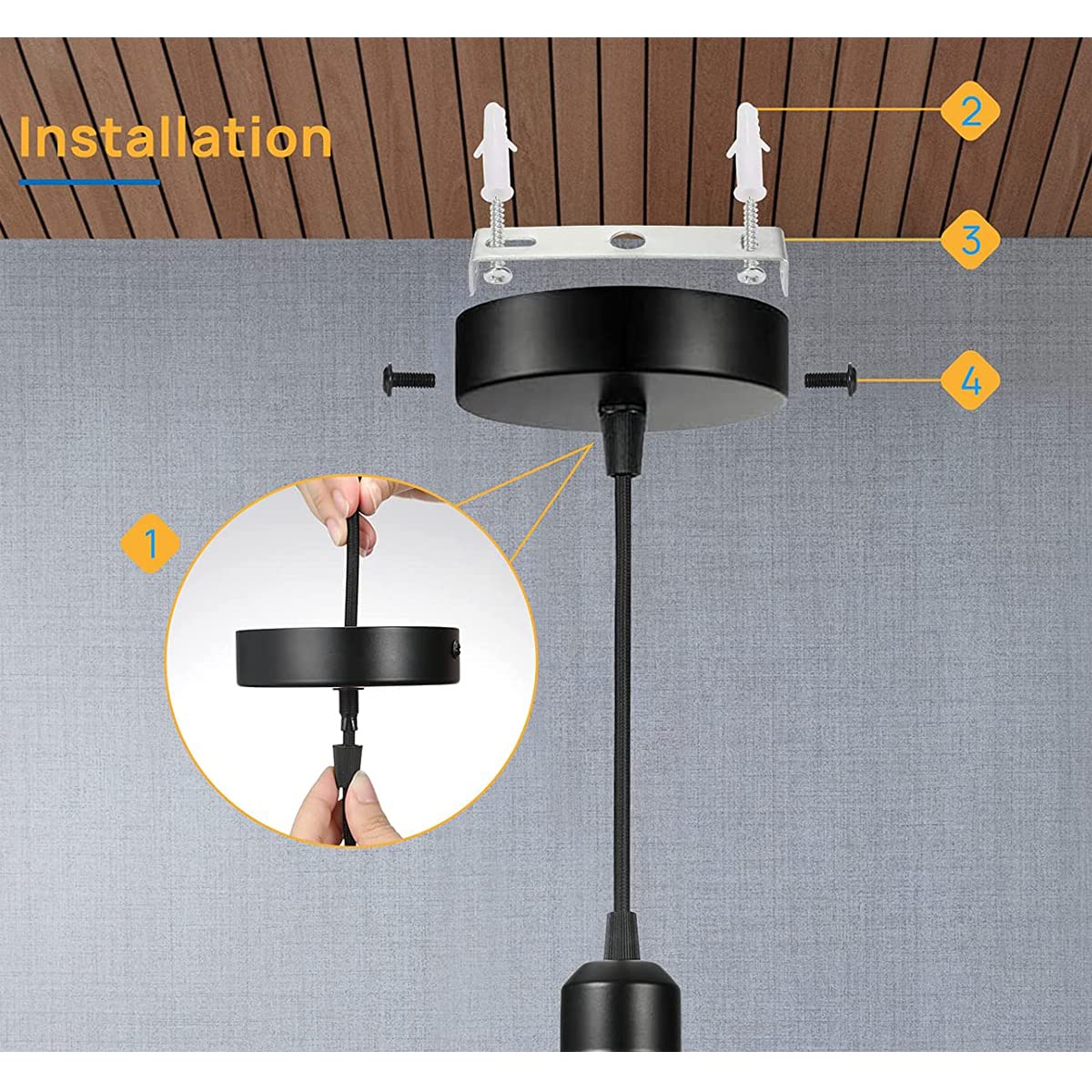 Chedin Ceiling Canopy 100 x 20 mm, Metal Junction Box, 1 Hole Round Lampshade, Ceiling Rose, Matte Black, Suitable for All Lamps (1 Piece) - Image 3