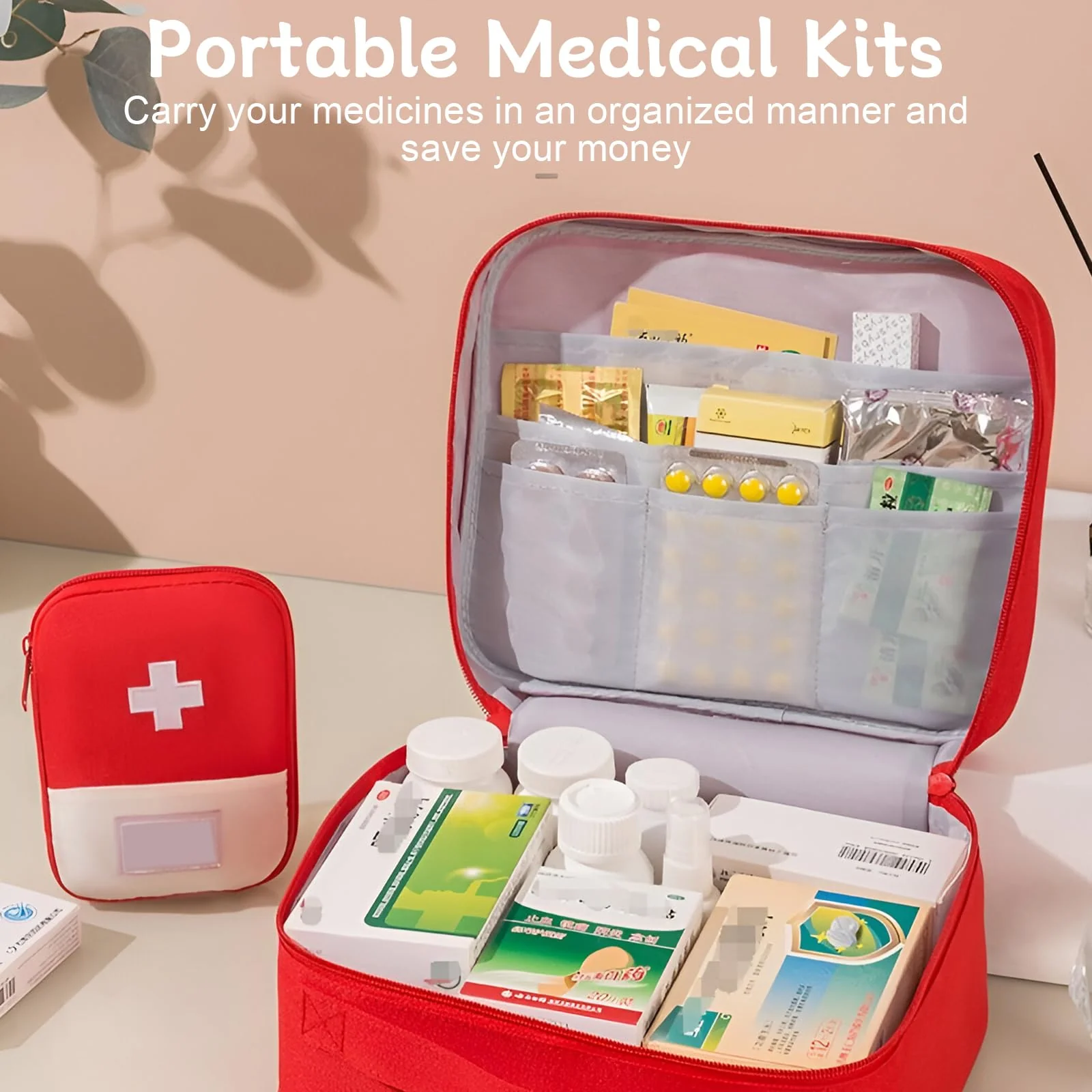 CHENKEE Pack of 4 Portable Medicine Bag, Large Capacity Medical Emergency Bag, Travel Pharmacy Bag, Waterproof, Medication Bag for Home Office Travel (Red), red - Image 3