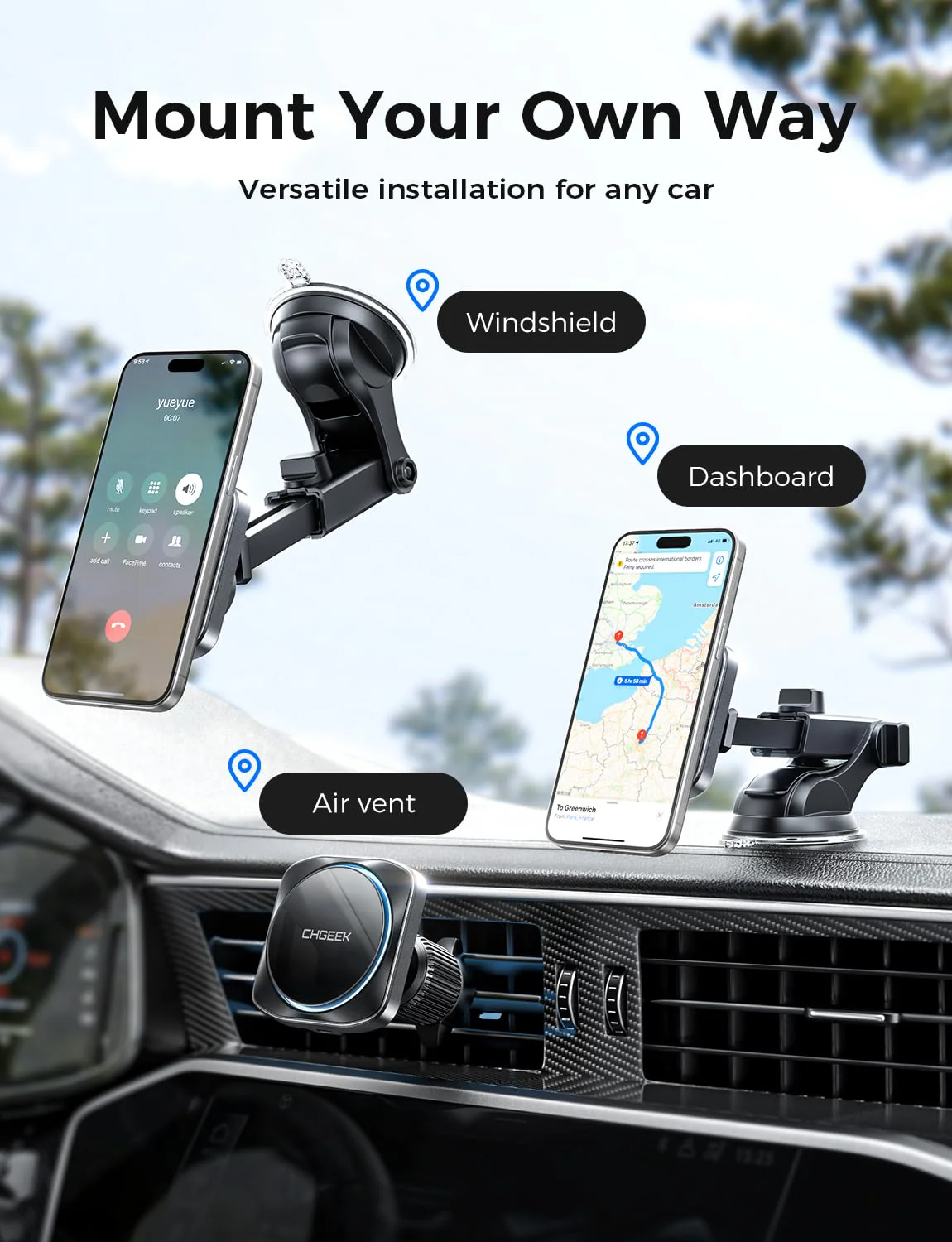 CHGeek for 15W Magsafe Car Mount Charger, Wireless Car Charger Magnetic Car Phone Holder Mount Fit iPhone 16 15 14 13 12 Magsafe Case, Vent/Windshield/Dash Phone Mount Holder Fast Cooling Charger Upgraded Car Mount Charger-Black - Image 3