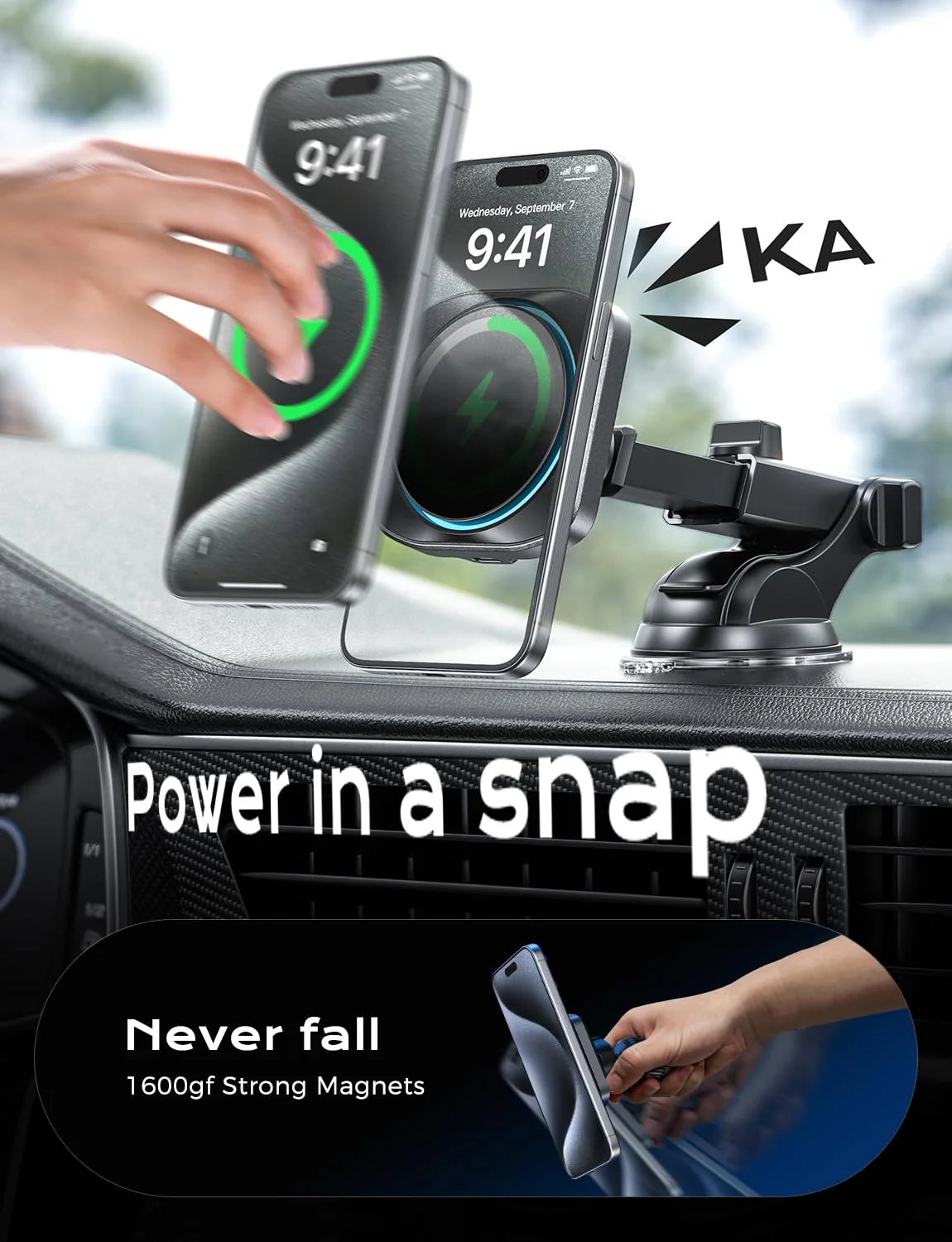 CHGeek for 15W Magsafe Car Mount Charger, Wireless Car Charger Magnetic Car Phone Holder Mount Fit iPhone 16 15 14 13 12 Magsafe Case, Vent/Windshield/Dash Phone Mount Holder Fast Cooling Charger Upgraded Car Mount Charger-Black - Image 6