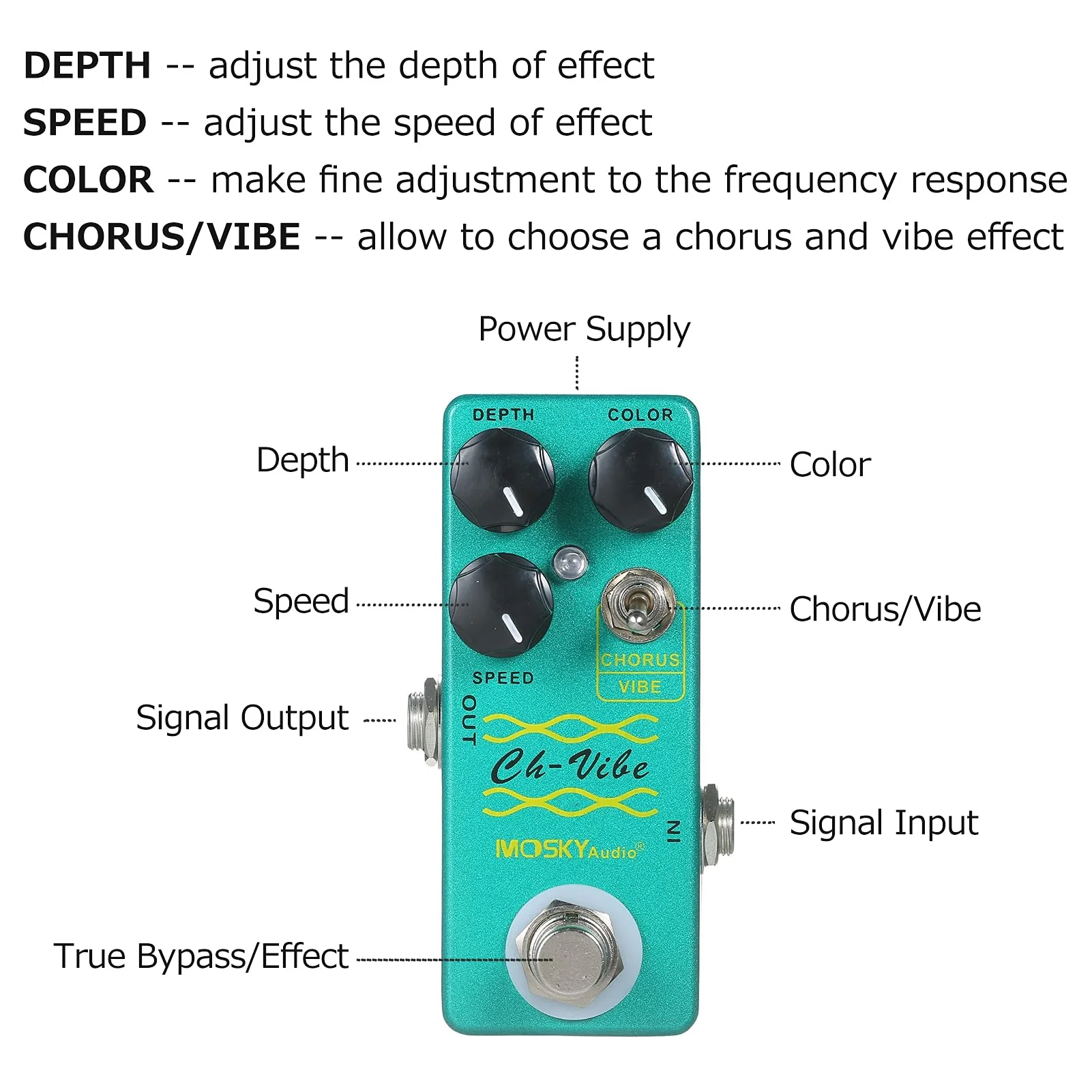 Chorus/Vibe Effect Pedal, /MOSKY CH VIBE Effect Pedal,Effector, Green - Image 7