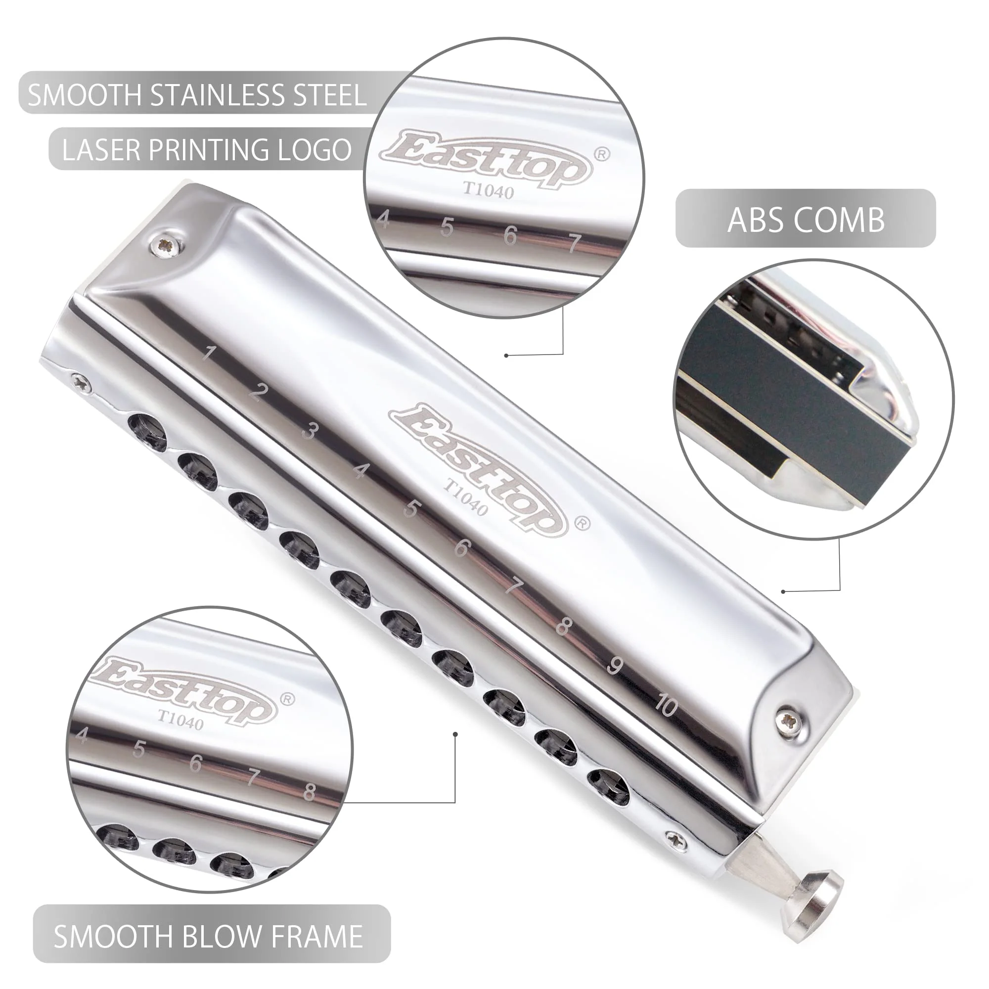 Chromatic Harmonica Key of C,10 Holes 40 Tones Professional Mouth Organ with Slide for Beginners Adults, Professionals and Students by East top as a gift silver-40 - Image 3