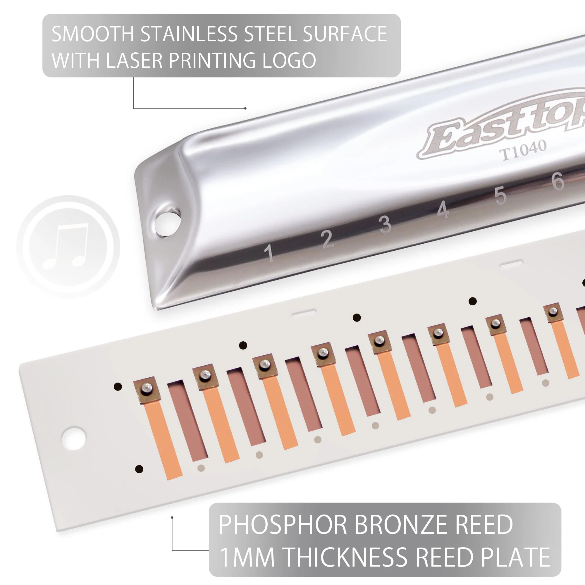 Chromatic Harmonica Key of C,10 Holes 40 Tones Professional Mouth Organ with Slide for Beginners Adults, Professionals and Students by East top as a gift silver-40 - Image 4