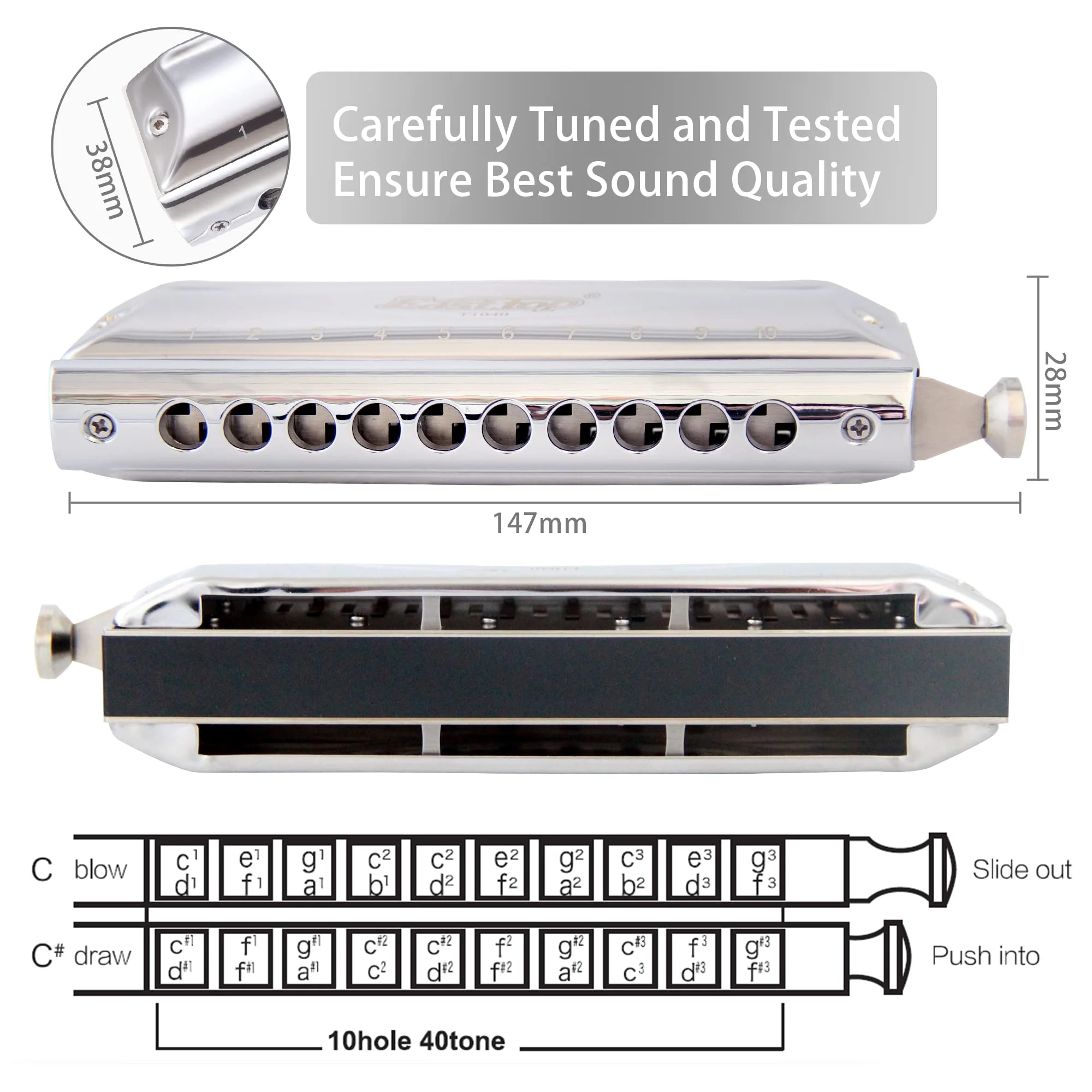 Chromatic Harmonica Key of C,10 Holes 40 Tones Professional Mouth Organ with Slide for Beginners Adults, Professionals and Students by East top as a gift silver-40 - Image 5