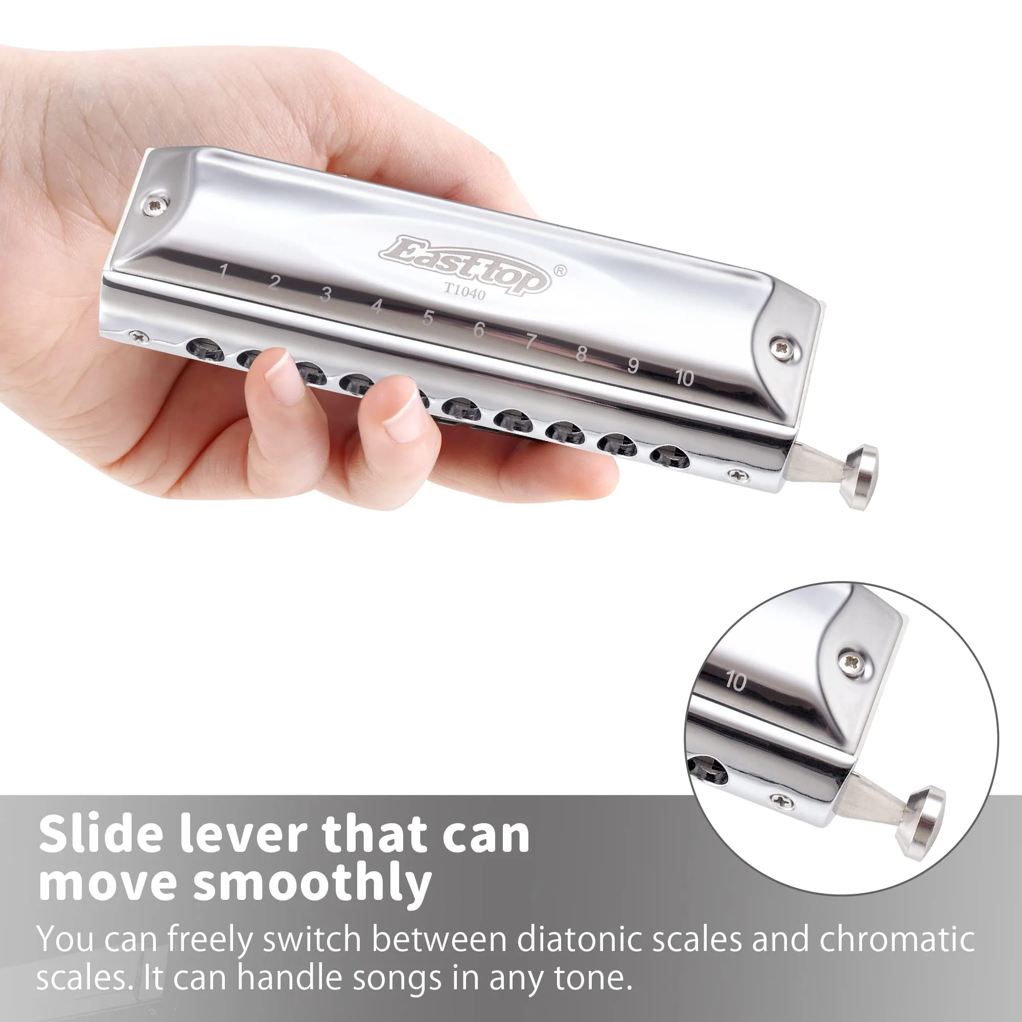 Chromatic Harmonica Key of C,10 Holes 40 Tones Professional Mouth Organ with Slide for Beginners Adults, Professionals and Students by East top as a gift silver-40 - Image 6