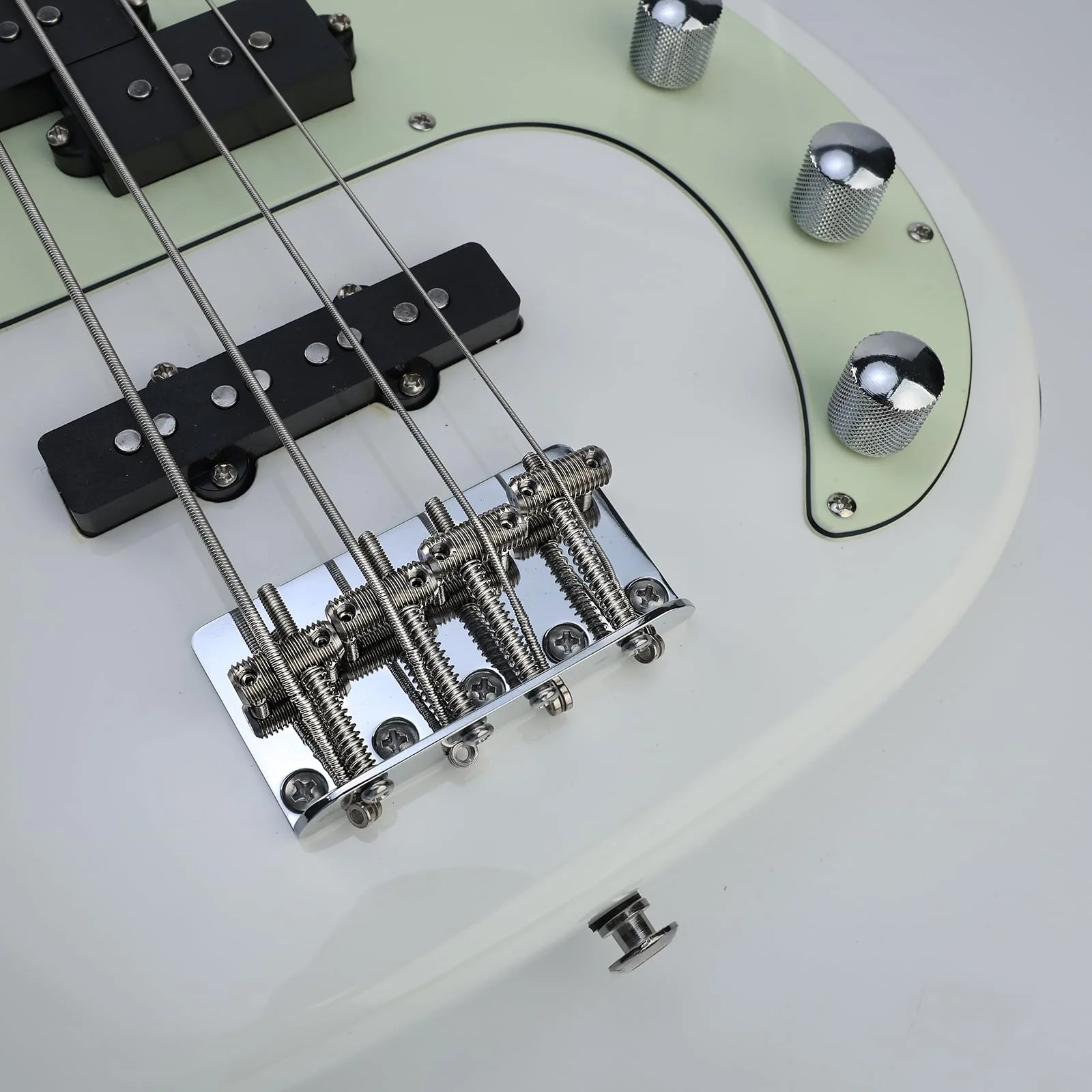 Chrome Electric Bass Guitar Bridge with Stainless Steel Threaded Saddles Plate 4 String Fixed Bridge Compatible with Vintage style Fender Jazz Precision Bass Bridge Replacement Parts 4 Piece Chrome - Image 4