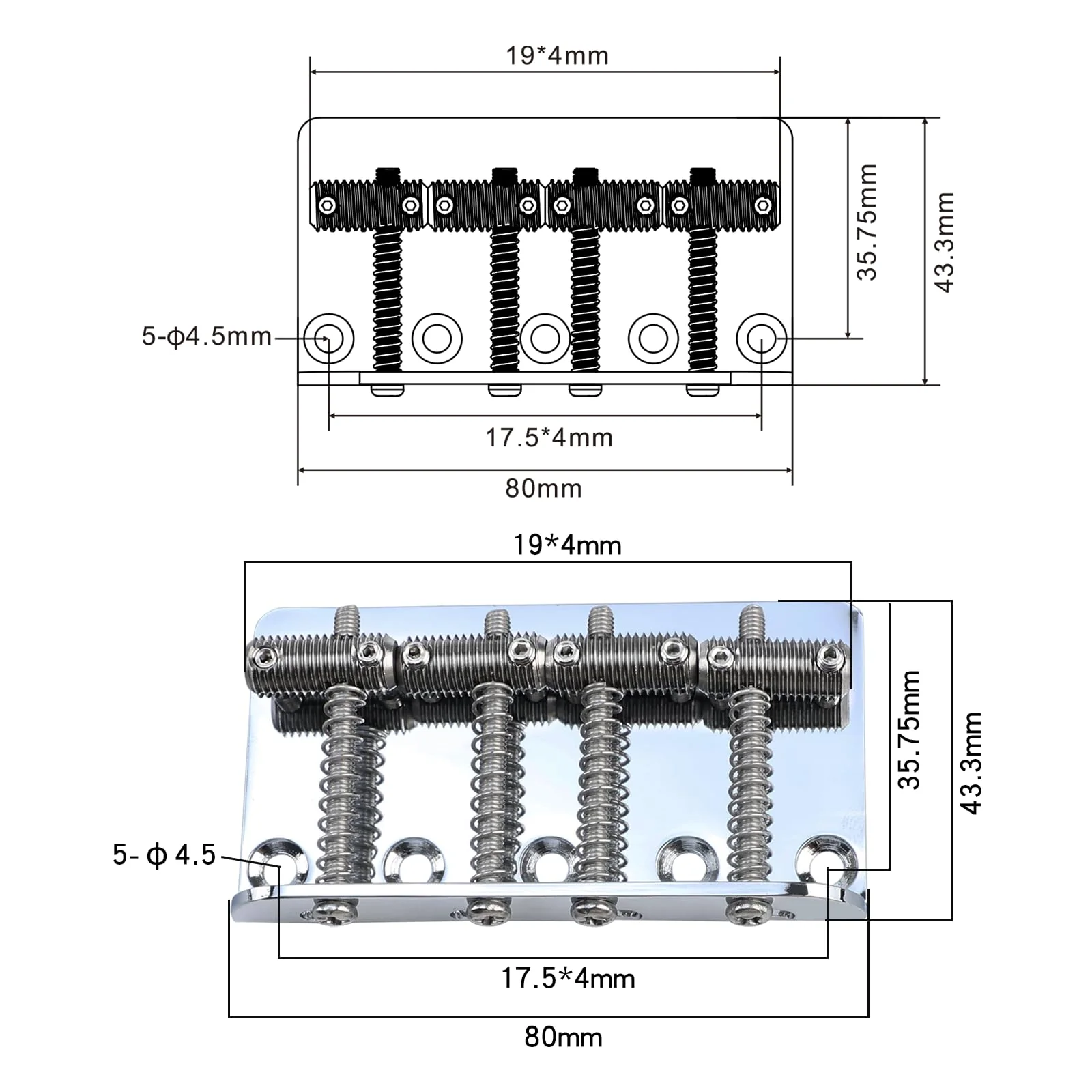 Chrome Electric Bass Guitar Bridge with Stainless Steel Threaded Saddles Plate 4 String Fixed Bridge Compatible with Vintage style Fender Jazz Precision Bass Bridge Replacement Parts 4 Piece Chrome - Image 6