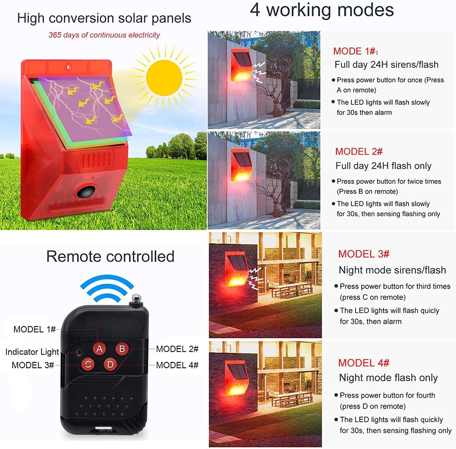 ChunHee Solar Motion Sensor Alarm Outdoor,Solar Alarm Motion Detector with Sound, 129db Sound Security Siren IP65 Waterproof Protected for Villa, Chicken coop, Farm, Yard, 2 Pack 2 Light + 2 Remote - Image 7