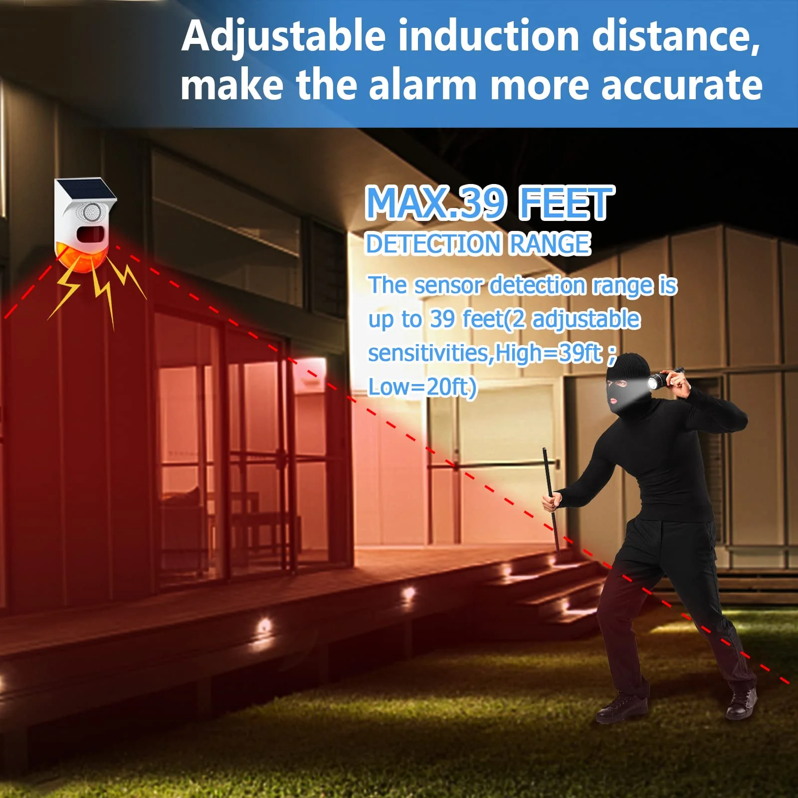 ChunHee Solar Motion Sensor Outdoor Alarm,Adjustable Sensitivity Motion Activated Alarm,129db Sound Security Siren Light IP67 Waterproof and 4 Mode for Home,Farm,Barn,Villa,Yard(2 Pack) 2 Light+2 Remote Control - Image 3