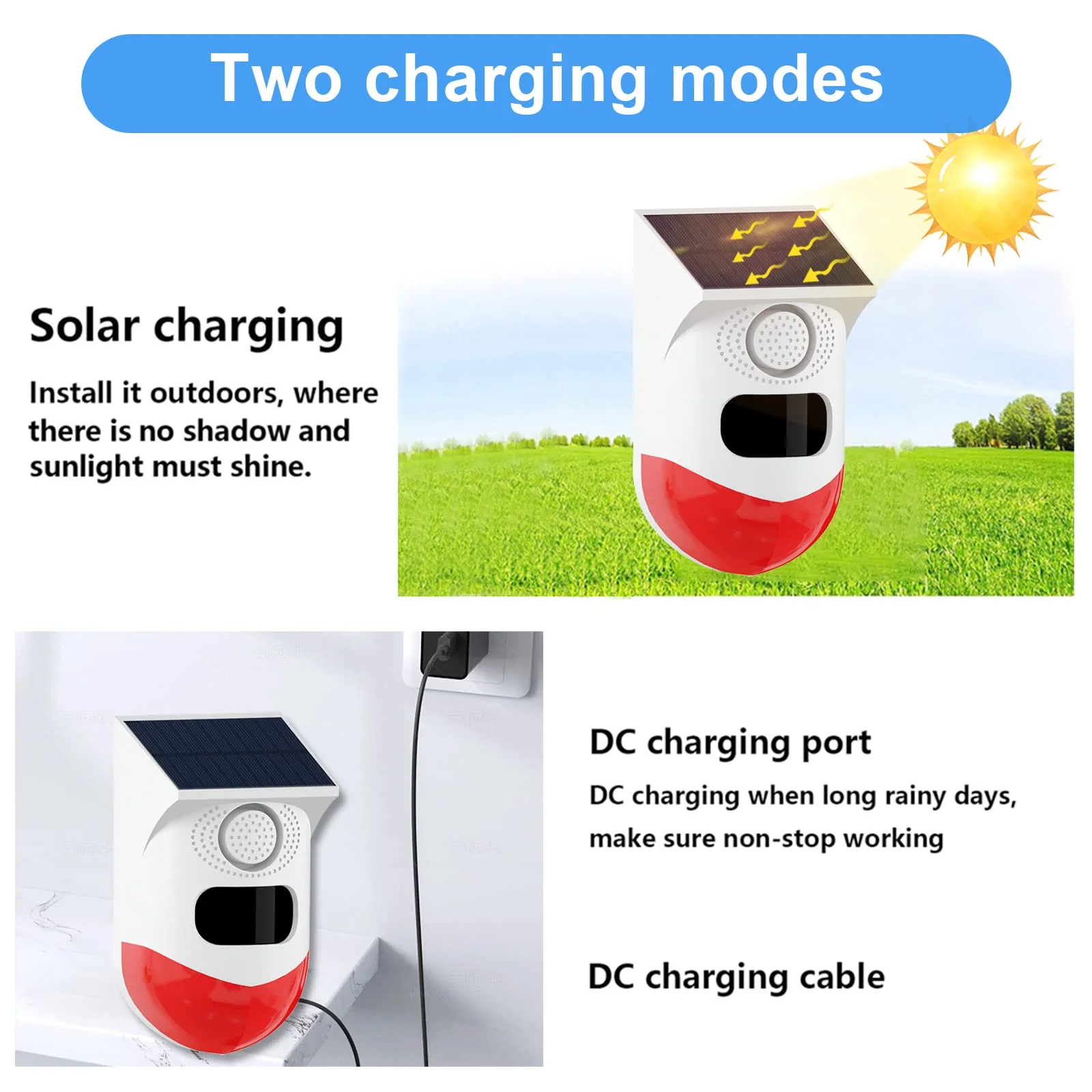 ChunHee Solar Motion Sensor Outdoor Alarm,Adjustable Sensitivity Motion Activated Alarm,129db Sound Security Siren Light IP67 Waterproof and 4 Mode for Home,Farm,Barn,Villa,Yard(2 Pack) 2 Light+2 Remote Control - Image 4