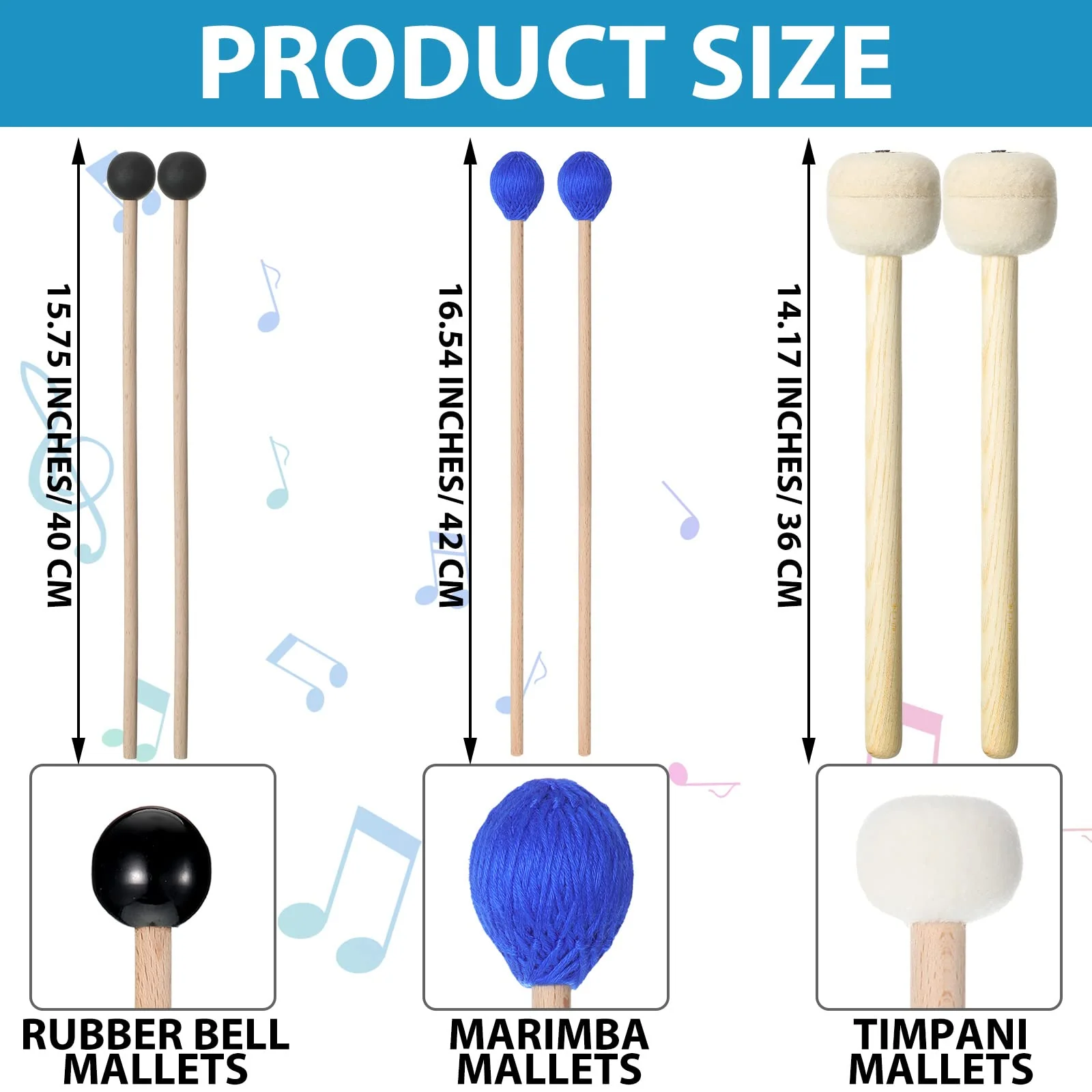 Cindeer 3 Pcs Pairs Drum Mallet 1 Blue Hard Yarn Head Keyboard Marimba Mallets 1 Black Rubber Bell 1 Mallets Wool Felt Drum Stick for Percussion Bass Timpani Instrument Bell Glockenspiel - Image 2