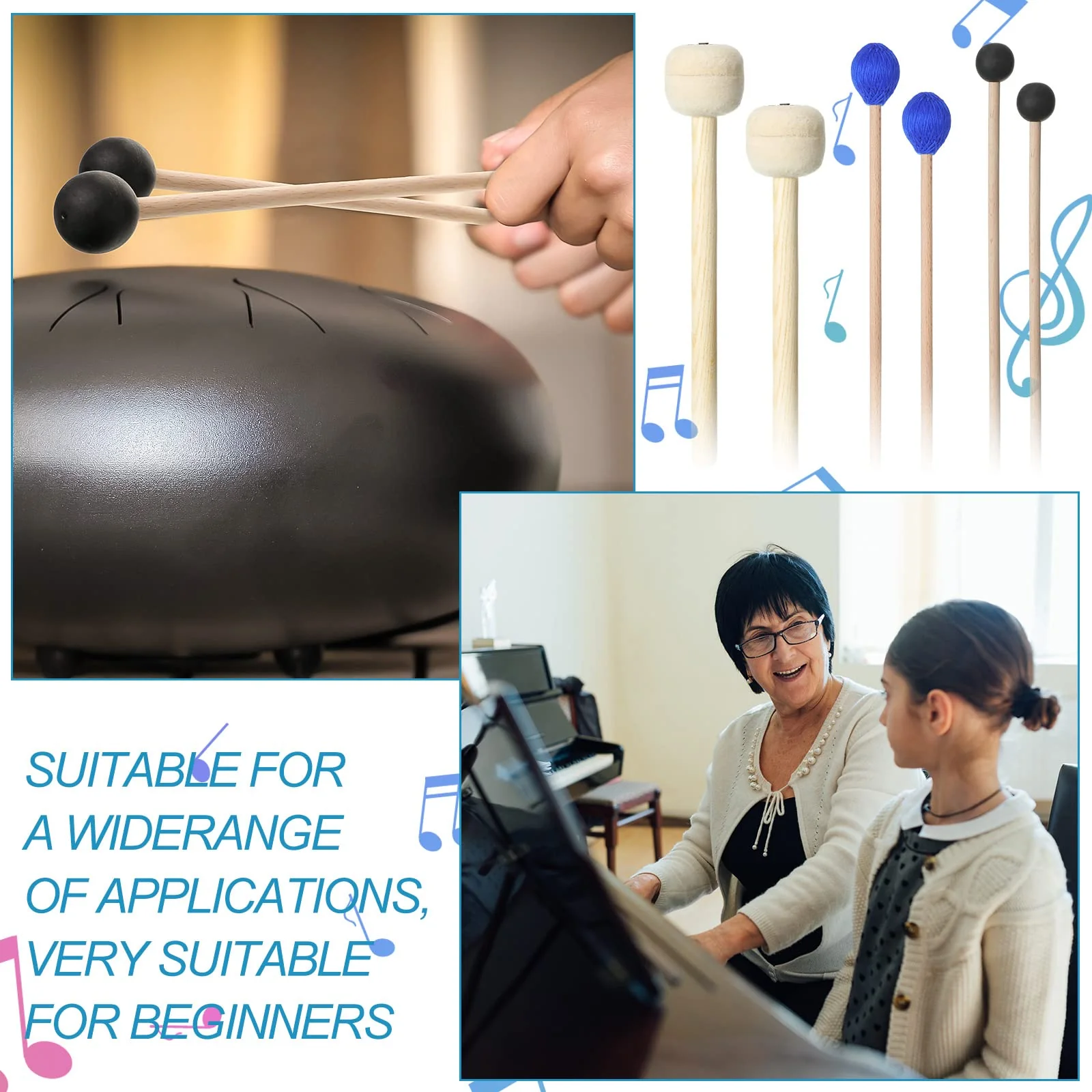Cindeer 3 Pcs Pairs Drum Mallet 1 Blue Hard Yarn Head Keyboard Marimba Mallets 1 Black Rubber Bell 1 Mallets Wool Felt Drum Stick for Percussion Bass Timpani Instrument Bell Glockenspiel - Image 5