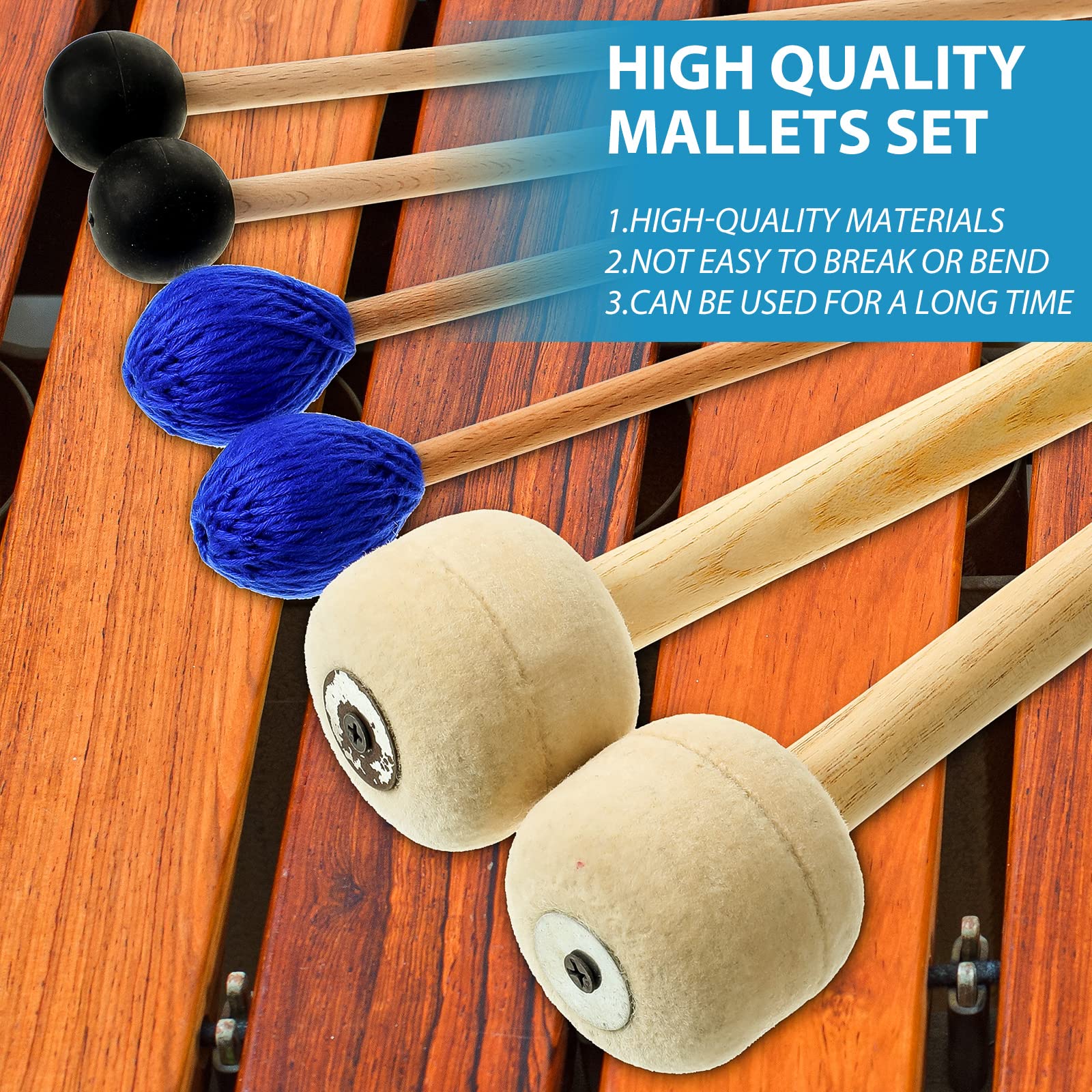 Cindeer 3 Pcs Pairs Drum Mallet 1 Blue Hard Yarn Head Keyboard Marimba Mallets 1 Black Rubber Bell 1 Mallets Wool Felt Drum Stick for Percussion Bass Timpani Instrument Bell Glockenspiel - Image 7