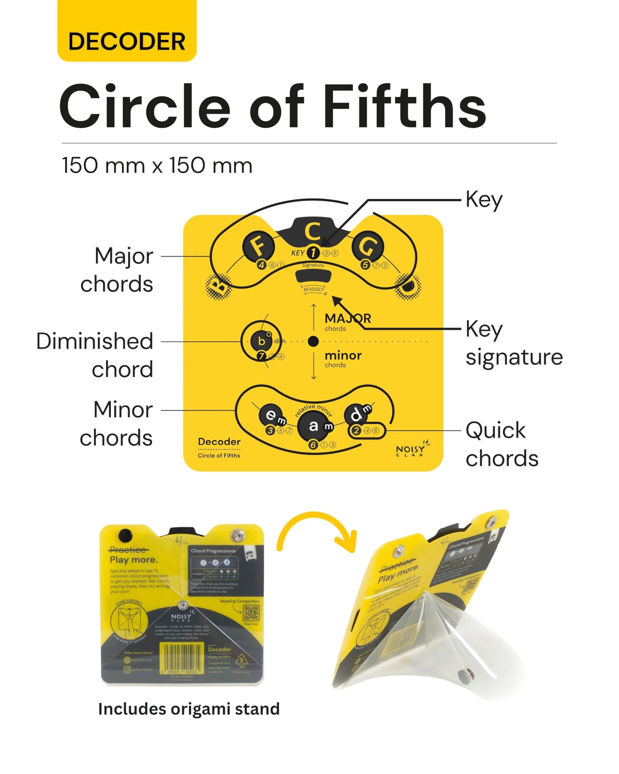 Circle of Fifths Wheel Tool with Built-In Stand - Back to School Music Learning Tool - Music Theory Chord & Key Decoder - Learn Progressions, Scales & Keys - Tool for Guitar, Piano, Ukulele & more Yellow - Image 3