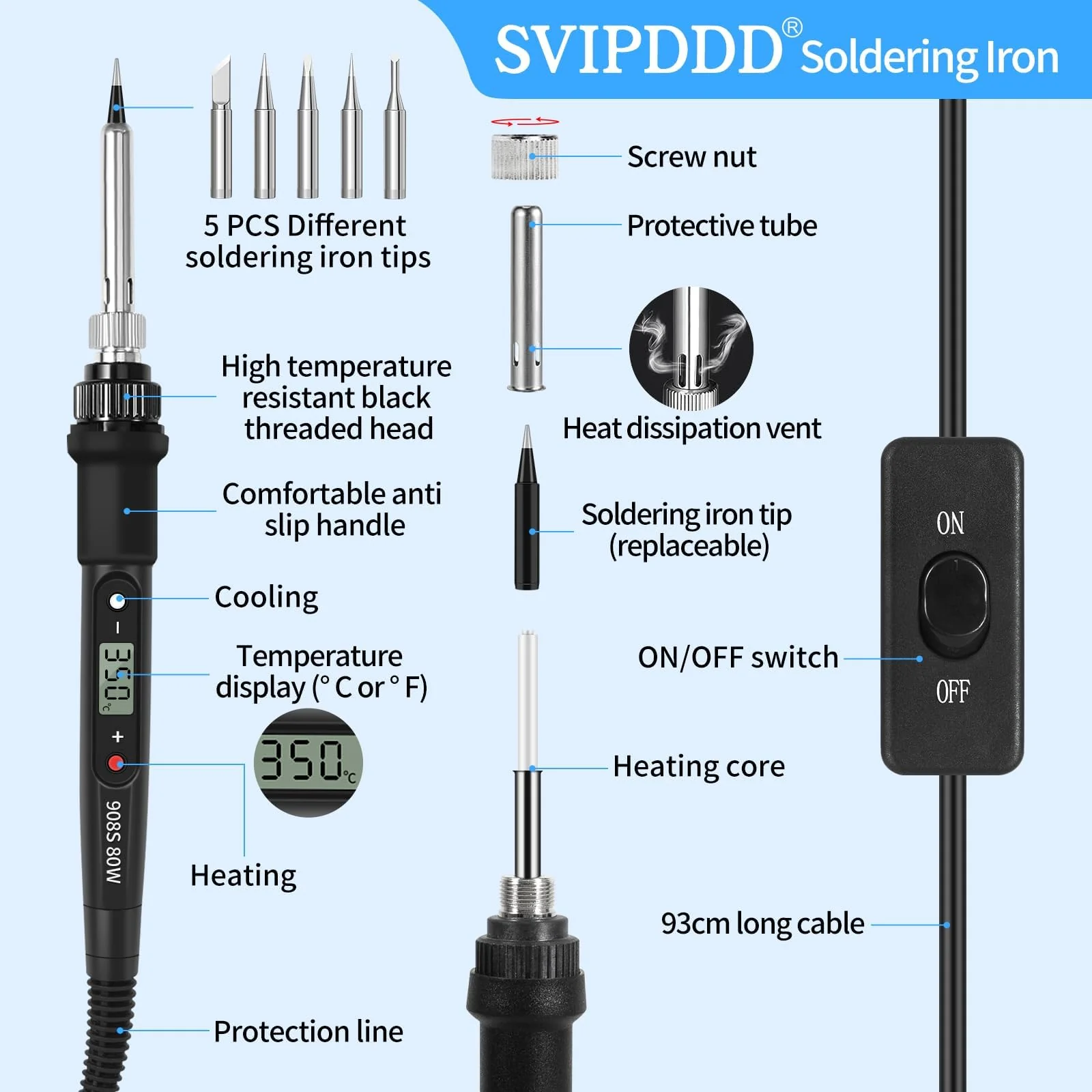 CIRULLI Soldering Iron Set 80 W (350 °C - 500 °C), 17-in-1 Soldering Set with On/Off Switch, 5 Soldering Tips, Desoldering Pump, Soldering Iron Stand, Tweezers, Soldering Iron for Electrical Work and - Image 4