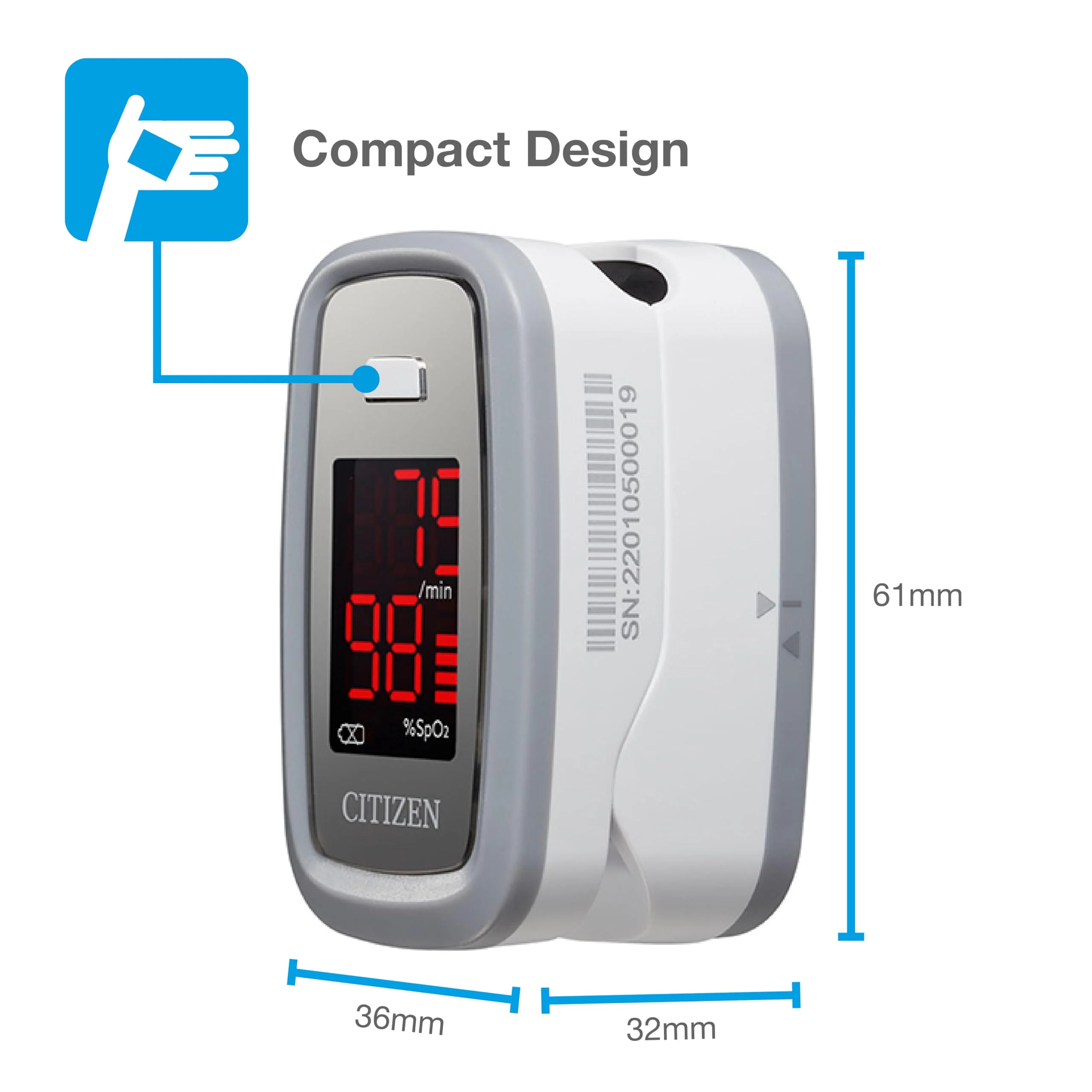 Citizen Citizen Healthcare Systems Pulse Oximeter - Large, Easy-to-Read Display, Finger Clip, Pulse Rate and Blood Oxygen Saturation Indicator - Battery Operated - Image 6