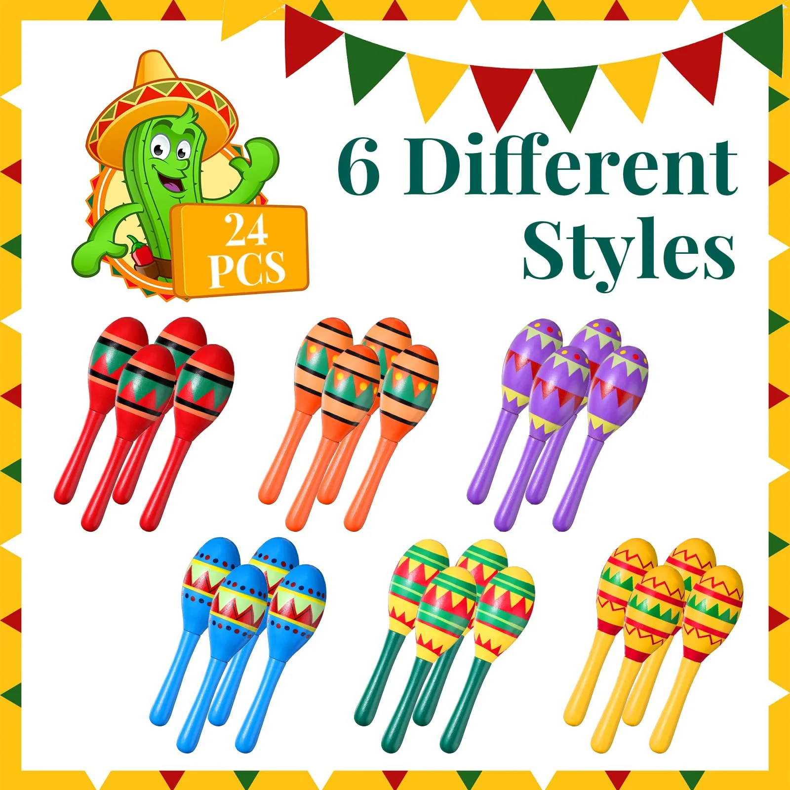 Civaner 24 Pcs Mini Fiesta Maracas for Adults Cinco De Mayo Maracas Mexican Party Decorations 6 Designs Party Favors for Mexican Party Props, 4.92 x 1.38 Inch - Image 3