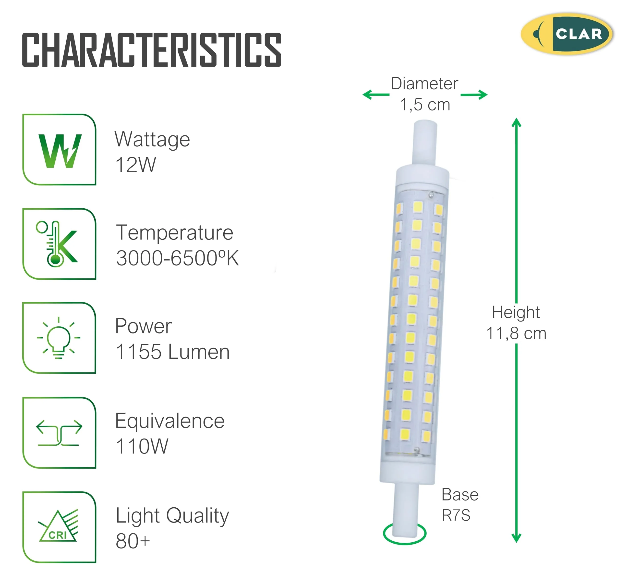 CLAR - R7S LED 118 mm, R7S LED 118 mm, R7S LED, LED stick, LED torch R7S, R7S 118 mm, R7S 118 mm LED, LED rod light, LED replacement for halogen rod, torch LED, 12 W 4000ºK (Pack of 5) Neutral White (4000 K) 12W 118mm (Pack 5) - Image 2
