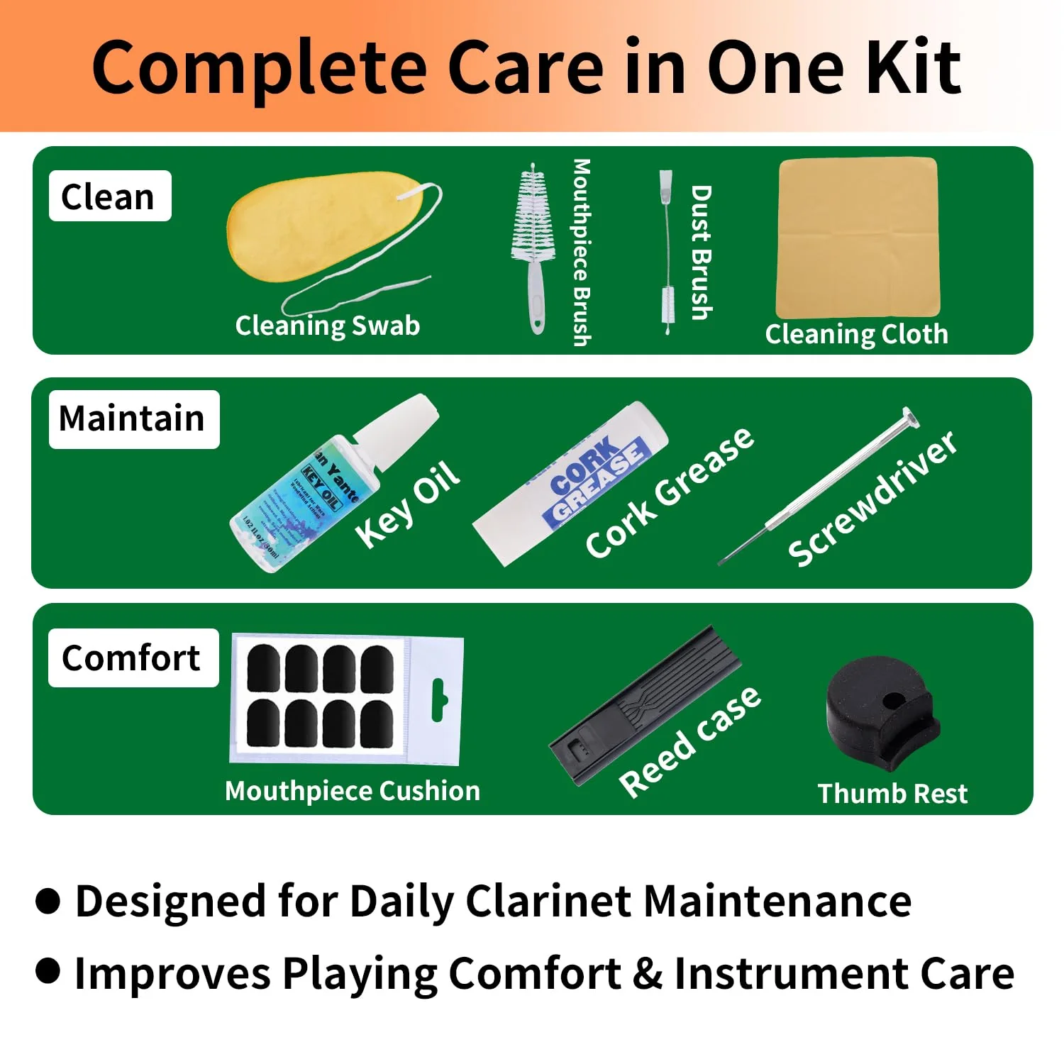 Clarinet Cleaning Kit 10-in-1, Clarinet Care Maintenance Set with Key Oil, Cork Grease, Lint-Free Microfiber Swab, Mouthpiece Brush, Woodwind Accessories for Students and Beginners - Image 2