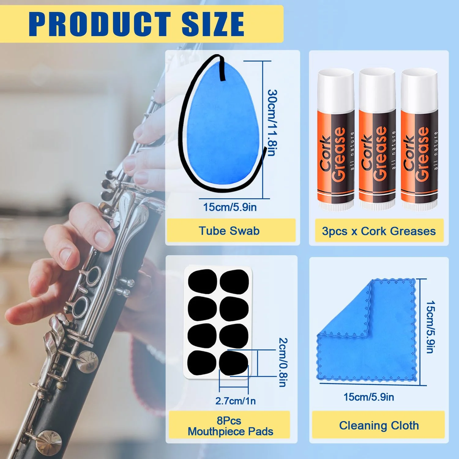 Clarinet Cleaning Kit, 23 Pcs All in One Clarinet Clean Kit with Swab Reeds Cork Grease Thumb Rest and more Clarinet Wind Instrument Care Accessories Maintenance Kit - Image 2