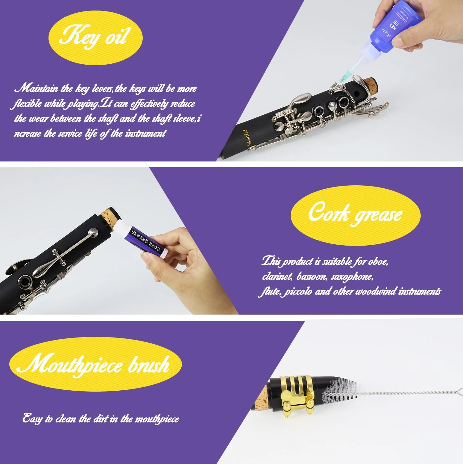 Clarinet Cleaning Kit, Clarinet and Saxophone Care Kit, Key Oil, Cork Grease, Cotton Swabs, Cleaning Cloth, Thumb Rest, Mouthpiece Brush, Screwdriver... - Image 4