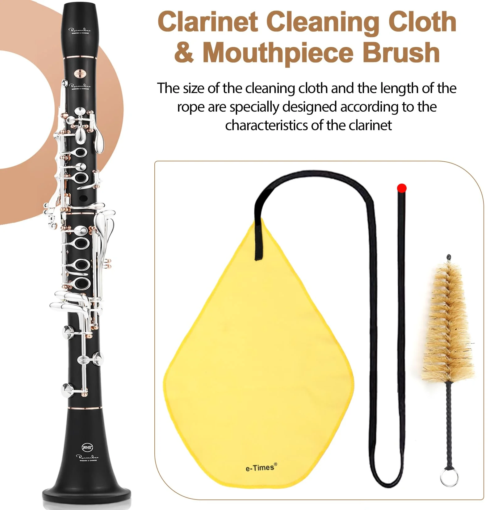 Clarinet Cleaning Kit, Clarinet Cleaning Cloth & Swab Suitable Clarinet, Cotton Silk & Mouthpiece Brush Can Effectively Clean Dirt - Image 2