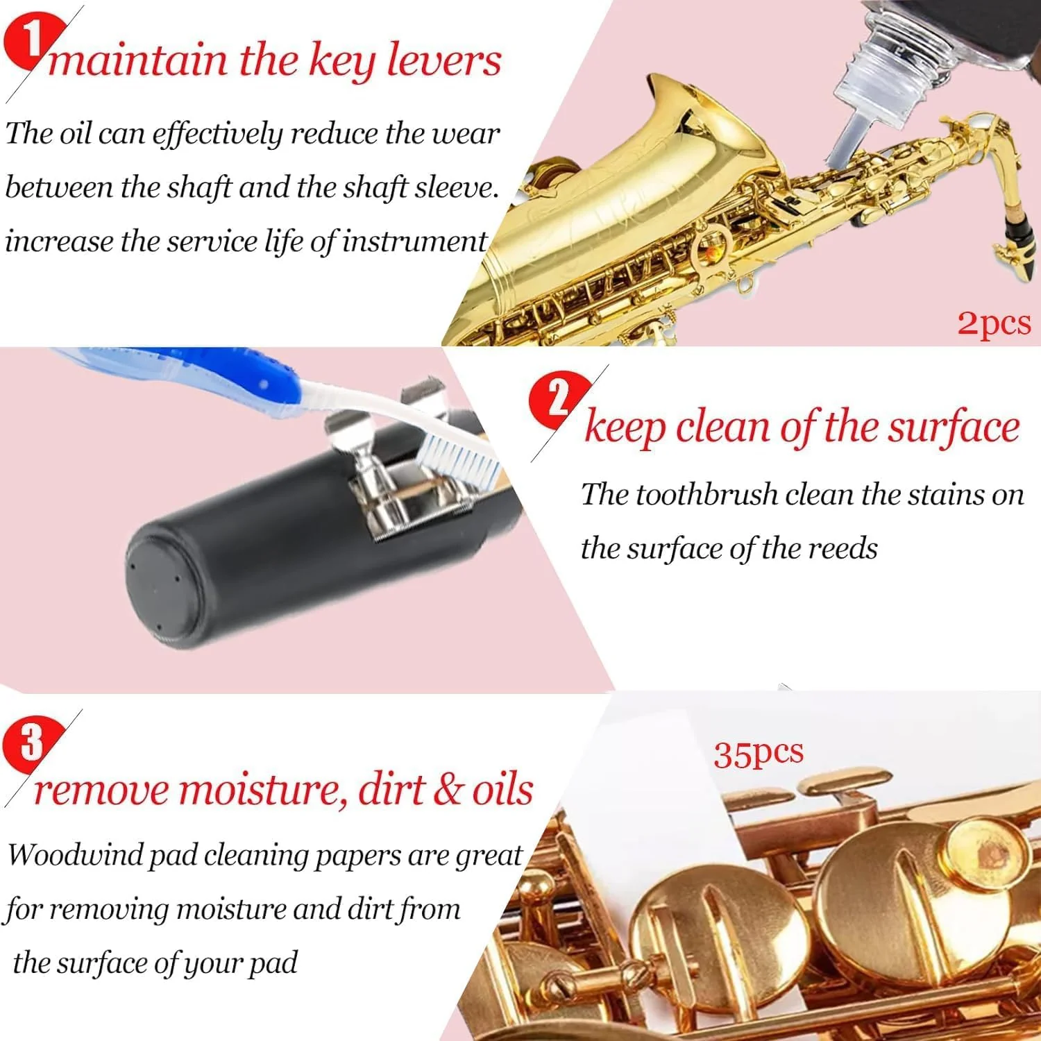 Clarinet Cleaning Kit, Saxophone Cleaning Kit,Clarinet Accessories,Mouthpiece Brush,Dust Brush,Cleaning Cloth,Clarinet Reeds Swabs,Finger Rest,Cork Grease,Pads Absorbent Cloth,Cleaning Care Kit - Image 2
