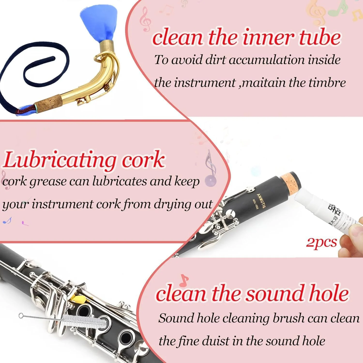 Clarinet Cleaning Kit, Saxophone Cleaning Kit,Clarinet Accessories,Mouthpiece Brush,Dust Brush,Cleaning Cloth,Clarinet Reeds Swabs,Finger Rest,Cork Grease,Pads Absorbent Cloth,Cleaning Care Kit - Image 3