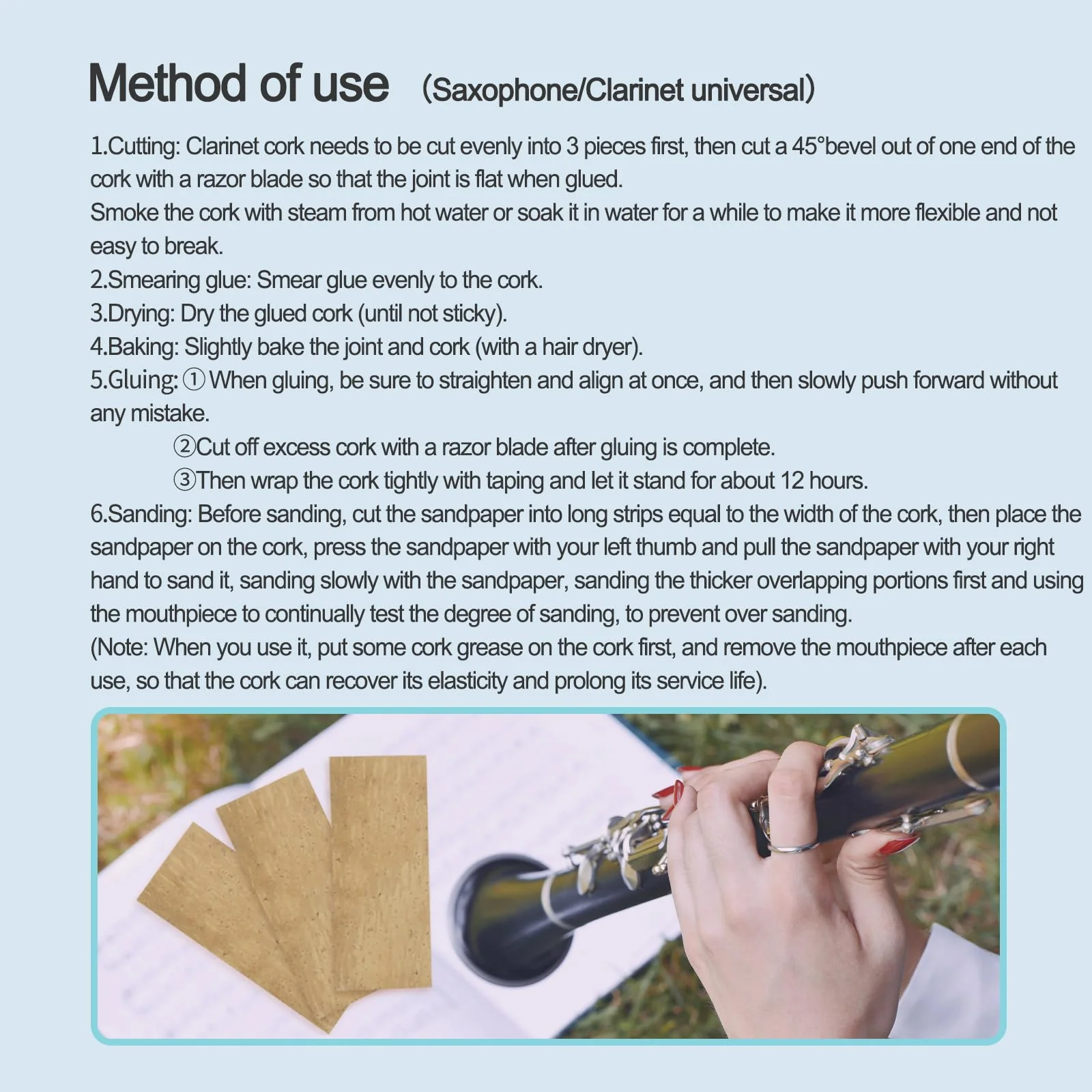 Clarinet Joint Cork Replacement Kit, Clarinet Cork, Glue, Knife, Taping and Sandpaper - Image 6