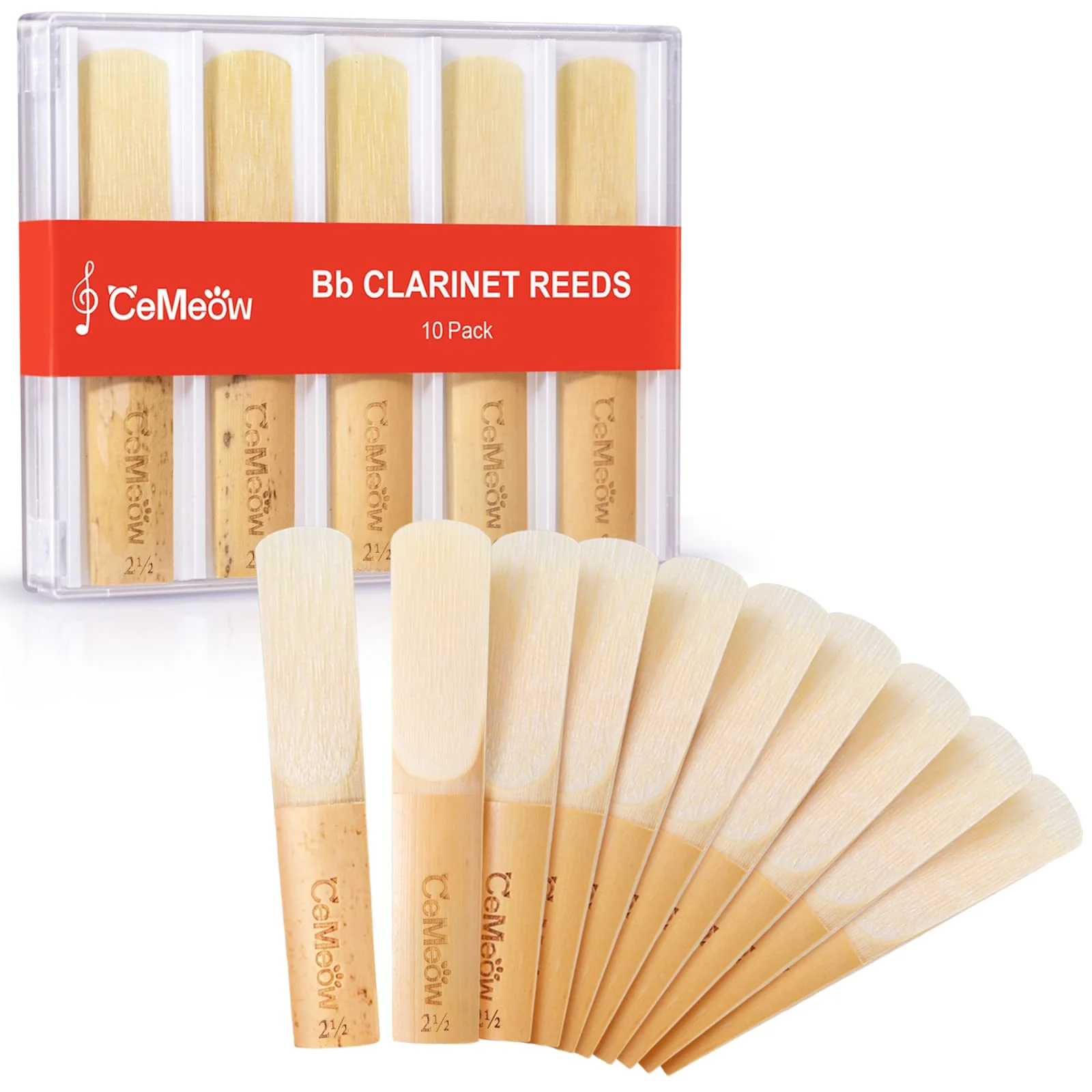Clarinet Reeds 2.5, CeMeow Traditional Reeds for Clarinet Beginner 10Pack with Plastic Box, Thinner Reed Tip Advanced Cutting Technology for Clarinet Beginner and Player Strength 2.5