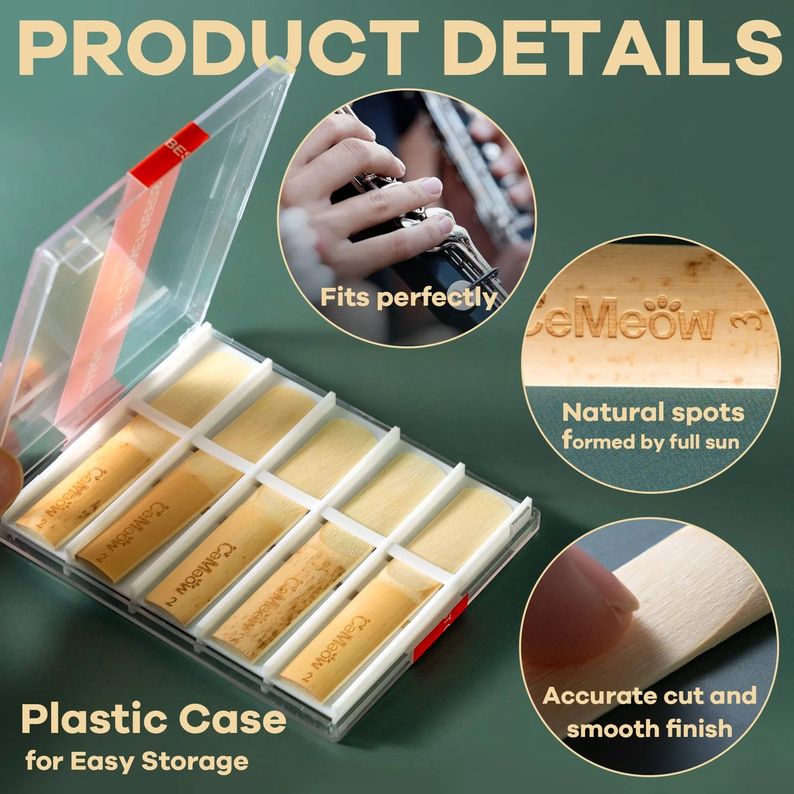 Clarinet Reeds 2.5, CeMeow Traditional Reeds for Clarinet Beginner 10Pack with Plastic Box, Thinner Reed Tip Advanced Cutting Technology for Clarinet Beginner and Player Strength 2.5 - Image 4