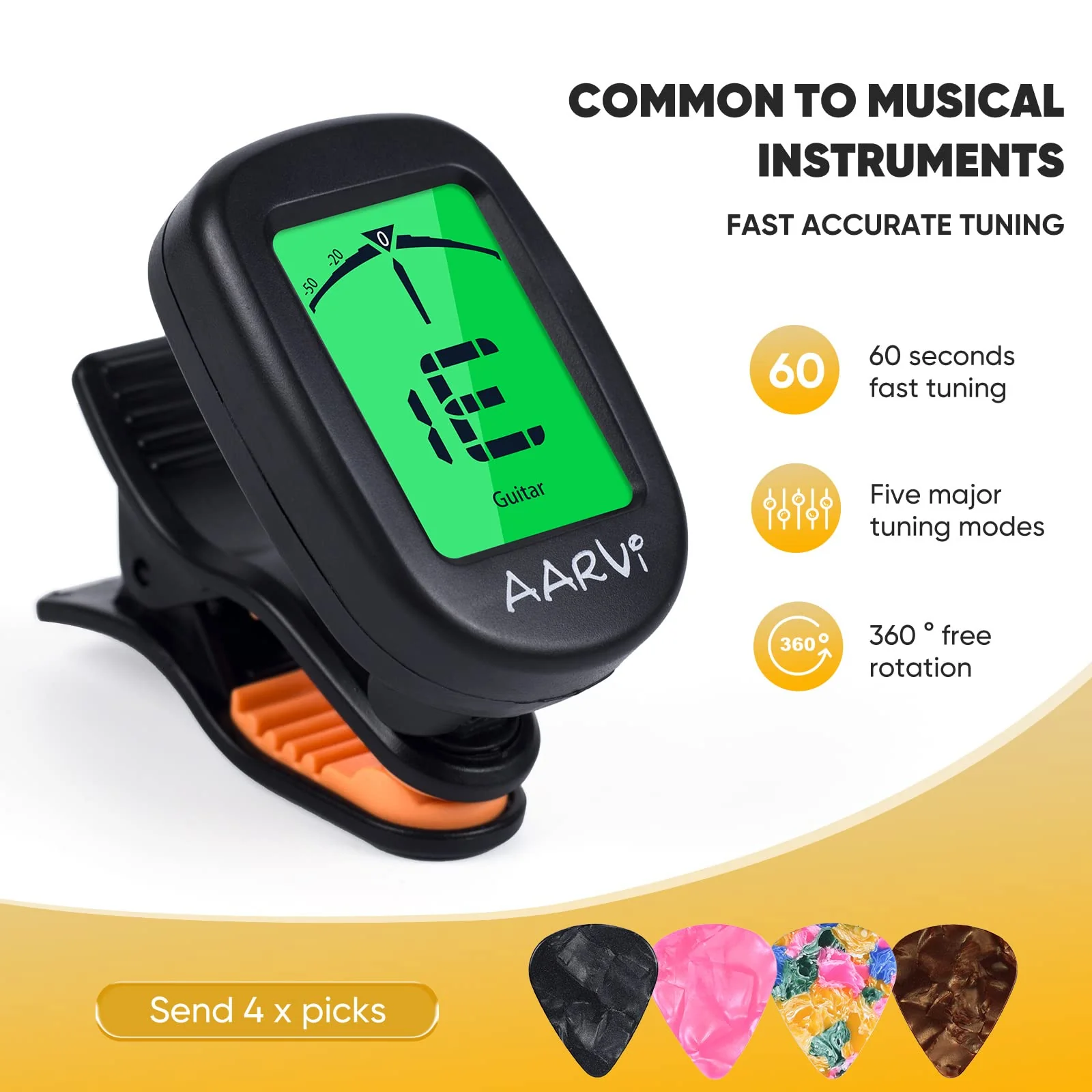 Clip On Guitar Tuner 5 Pack for All Instruments, Acoustic/Electric Guitar, Ukulele, Bass, Violin, Banjo, Large Clear LCD Display for Guitar Tuner, Chromatic Tuner, 20 Pack Guitar Picks Included A-tuner Black-5-Pack - Image 2