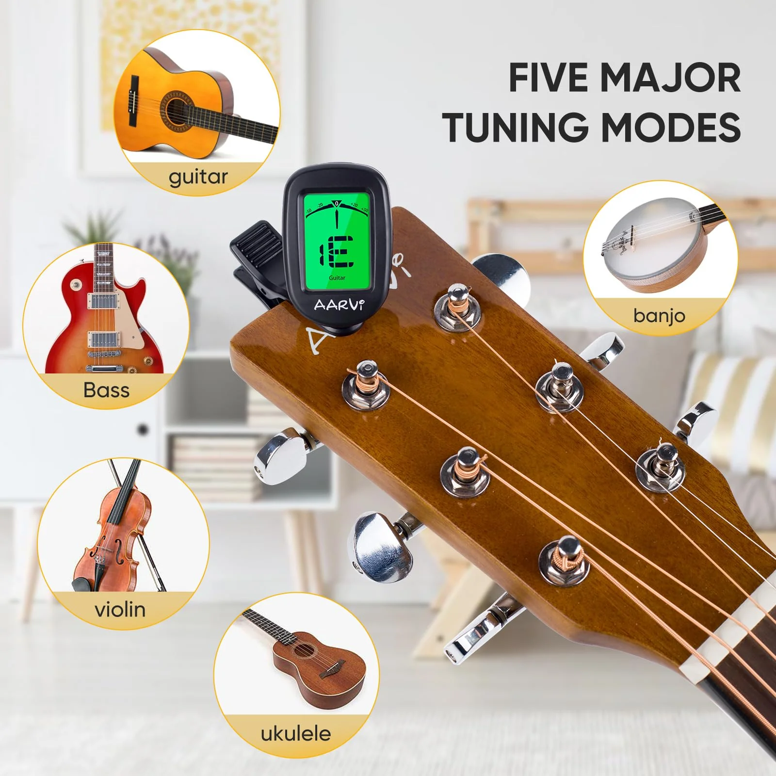 Clip On Guitar Tuner 5 Pack for All Instruments, Acoustic/Electric Guitar, Ukulele, Bass, Violin, Banjo, Large Clear LCD Display for Guitar Tuner, Chromatic Tuner, 20 Pack Guitar Picks Included A-tuner Black-5-Pack - Image 3
