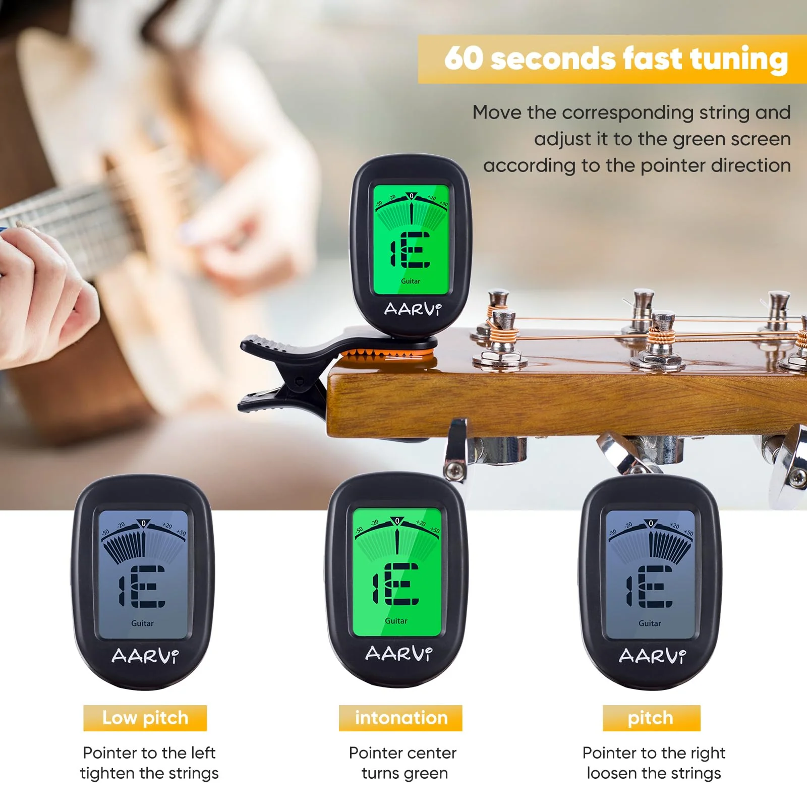 Clip On Guitar Tuner 5 Pack for All Instruments, Acoustic/Electric Guitar, Ukulele, Bass, Violin, Banjo, Large Clear LCD Display for Guitar Tuner, Chromatic Tuner, 20 Pack Guitar Picks Included A-tuner Black-5-Pack - Image 4