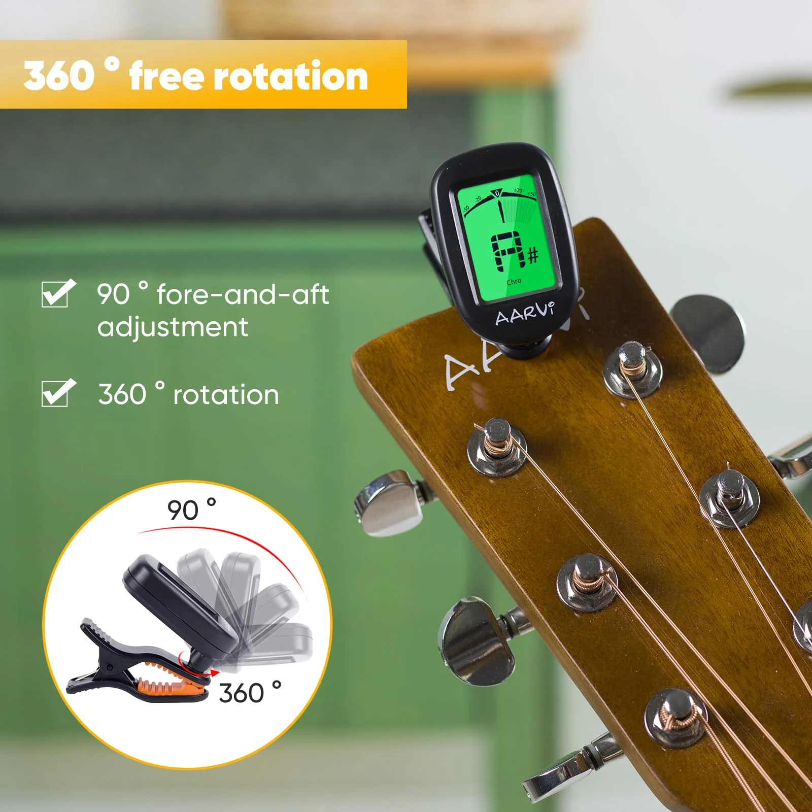 Clip On Guitar Tuner 5 Pack for All Instruments, Acoustic/Electric Guitar, Ukulele, Bass, Violin, Banjo, Large Clear LCD Display for Guitar Tuner, Chromatic Tuner, 20 Pack Guitar Picks Included A-tuner Black-5-Pack - Image 5