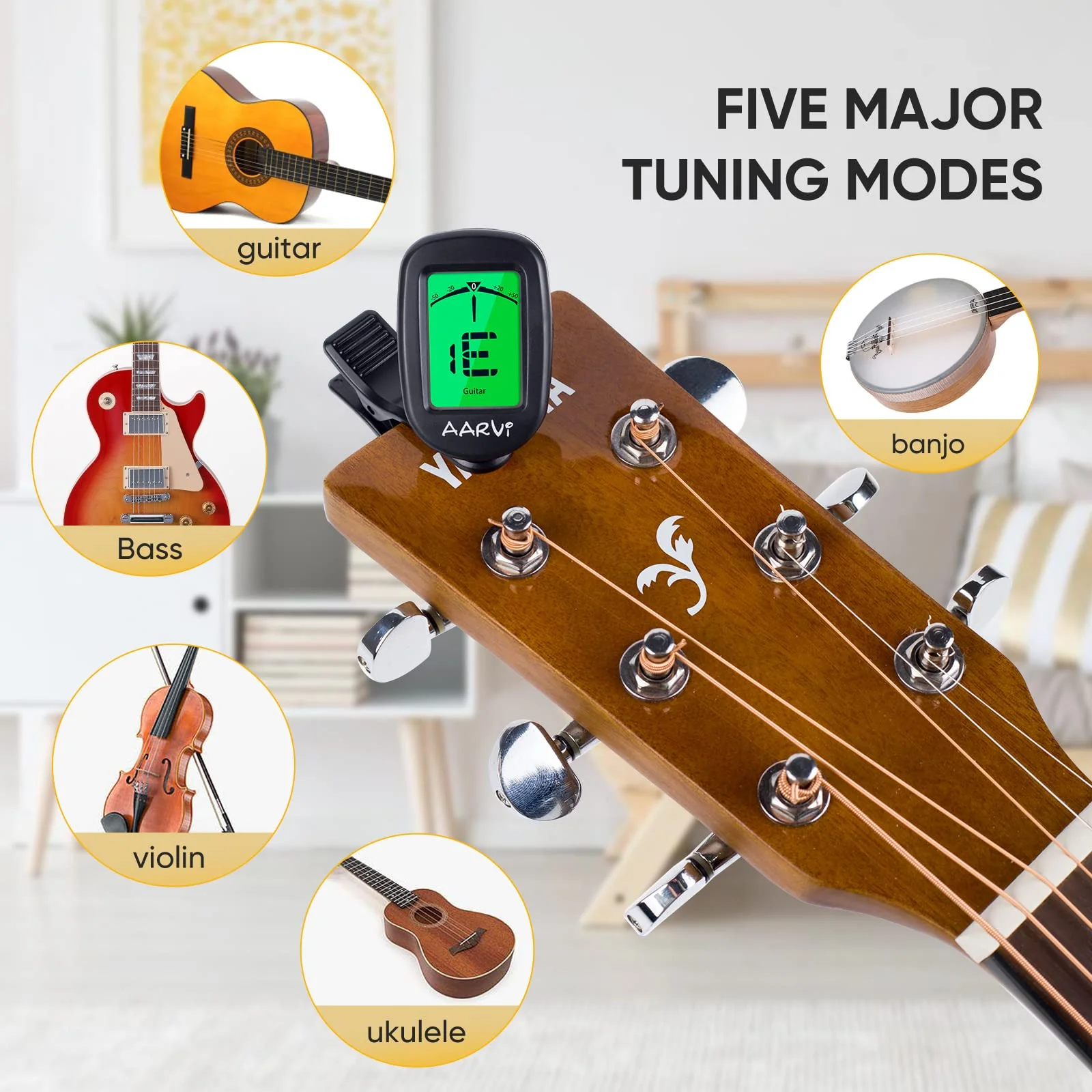 Clip On Guitar Tuner for All Instruments, Acoustic/Electric Guitar, Ukulele, Bass, Violin, Banjo, Large Clear LCD Display for Guitar Tuning, Chromatic Tuner, 4 Pack Guitar Picks Included Black-1-Pack - Image 3