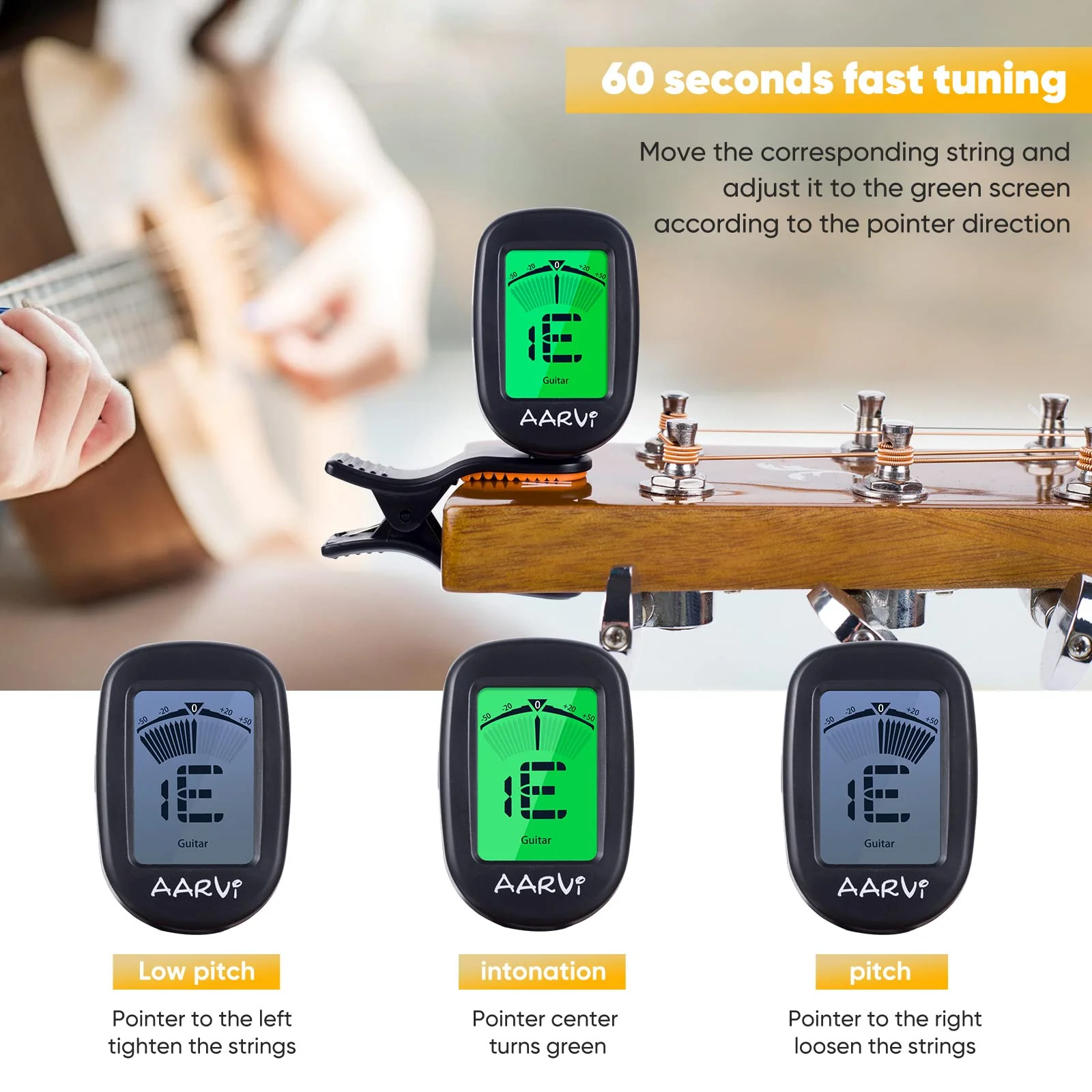 Clip On Guitar Tuner for All Instruments, Acoustic/Electric Guitar, Ukulele, Bass, Violin, Banjo, Large Clear LCD Display for Guitar Tuning, Chromatic Tuner, 4 Pack Guitar Picks Included Black-1-Pack - Image 4