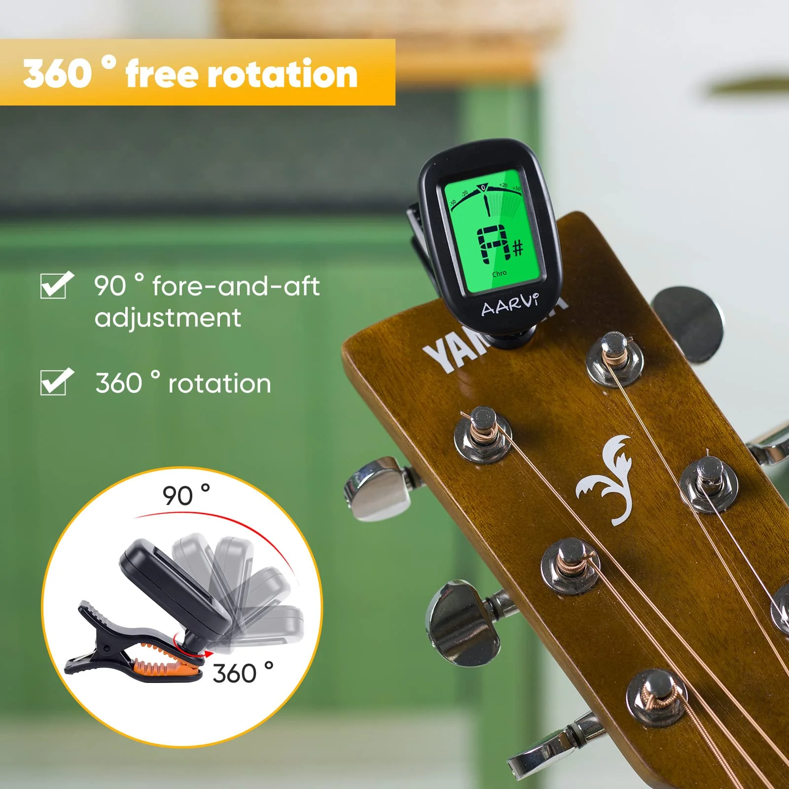 Clip On Guitar Tuner for All Instruments, Acoustic/Electric Guitar, Ukulele, Bass, Violin, Banjo, Large Clear LCD Display for Guitar Tuning, Chromatic Tuner, 4 Pack Guitar Picks Included Black-1-Pack - Image 5