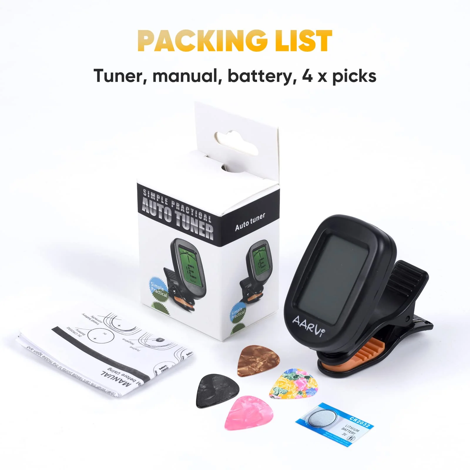 Clip On Guitar Tuner for All Instruments, Acoustic/Electric Guitar, Ukulele, Bass, Violin, Banjo, Large Clear LCD Display for Guitar Tuning, Chromatic Tuner, 4 Pack Guitar Picks Included Black-1-Pack - Image 6