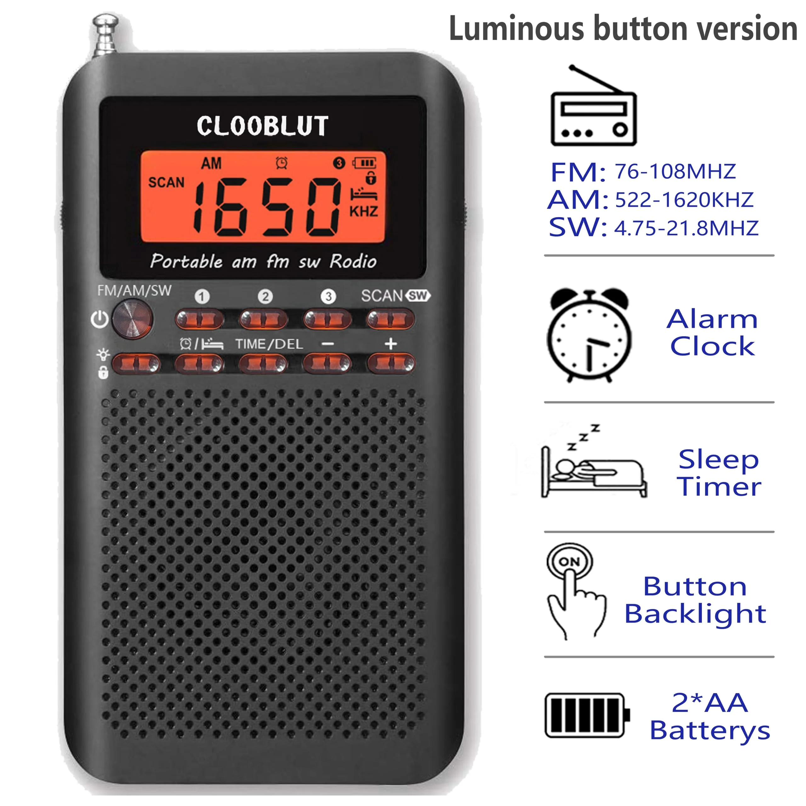 CLOOBLUT Ver Portable Radio FM/AM/SW shortwave Transistor Powered AA Battery, Features Backlit Buttons for Nighttime Use, Clock Alarm Clock Excellent Reception Sound Quality for Walking and Running Black - Image 2