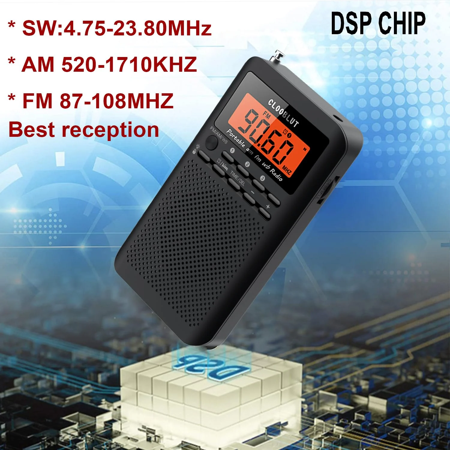 CLOOBLUT Ver Portable Radio FM/AM/SW shortwave Transistor Powered AA Battery, Features Backlit Buttons for Nighttime Use, Clock Alarm Clock Excellent Reception Sound Quality for Walking and Running Black - Image 5