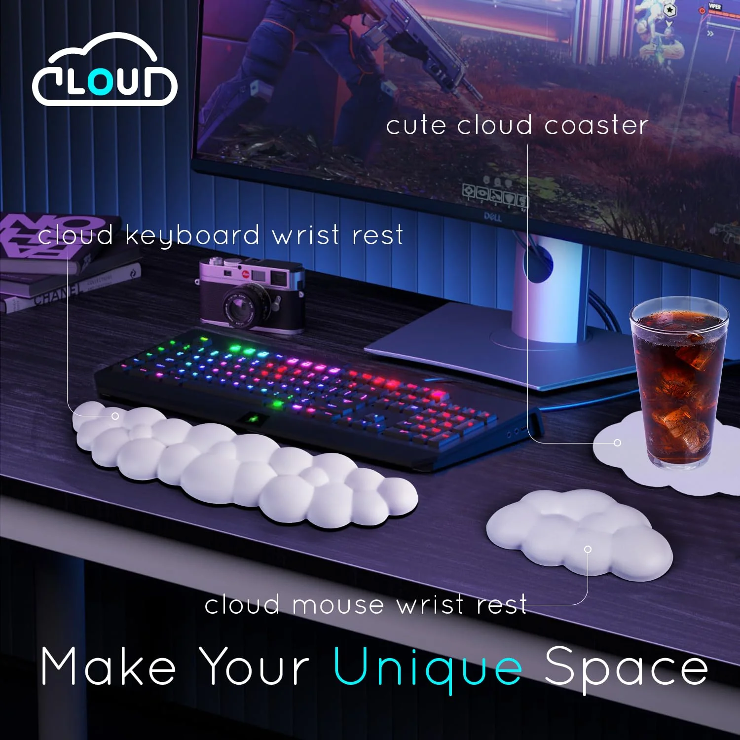 Cloud Wrist Rest for Computer Keyboard Arm Wrist Rest with Non-Slip Base Extended Wrist Rest Ergonomic Memory Foam for Keyboard and Mouse Typing Pain Relief, Office, Gaming, Computer White Set - Image 2