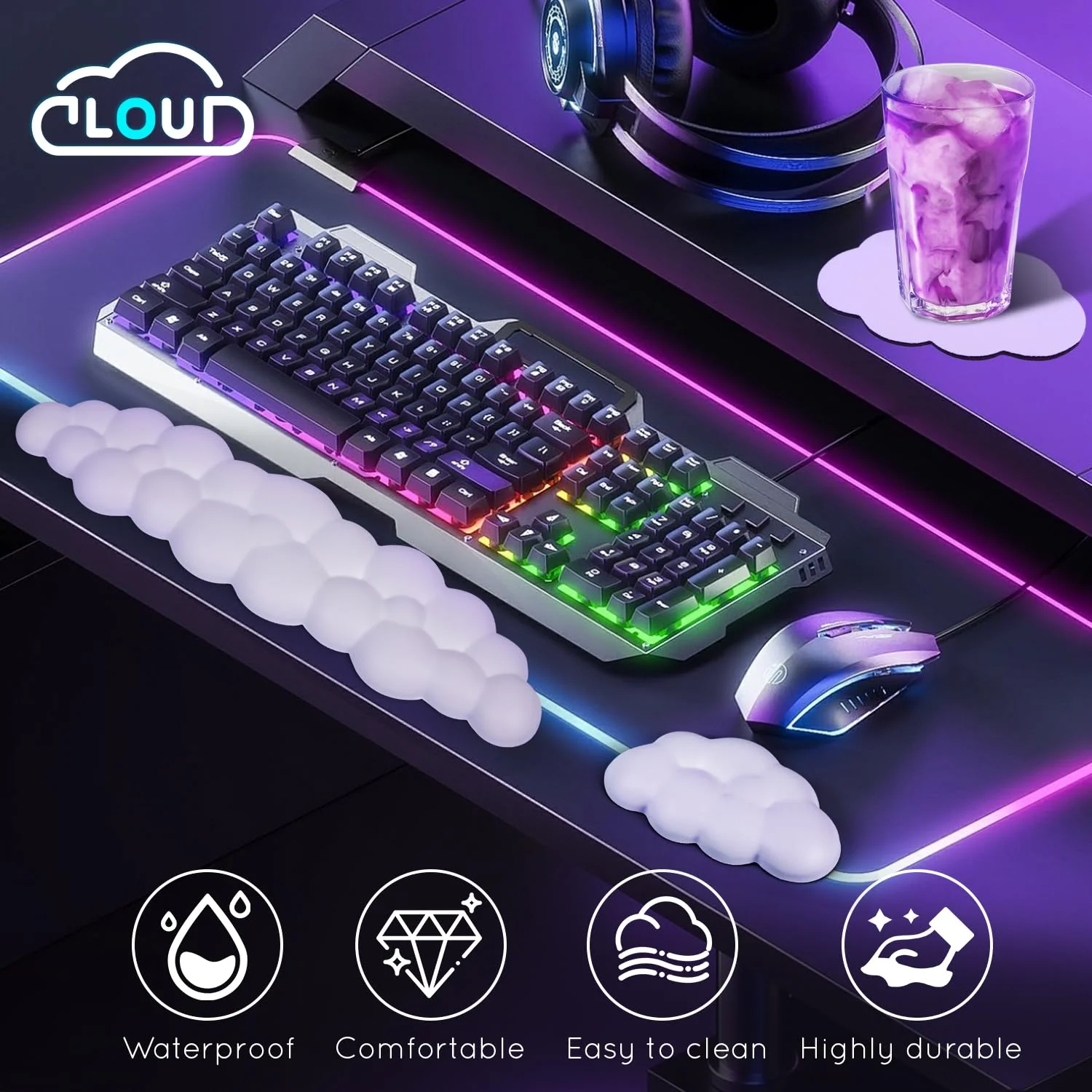 Cloud Wrist Rest for Computer Keyboard Arm Wrist Rest with Non-Slip Base Extended Wrist Rest Ergonomic Memory Foam for Keyboard and Mouse Typing Pain Relief, Office, Gaming, Computer White Set - Image 3