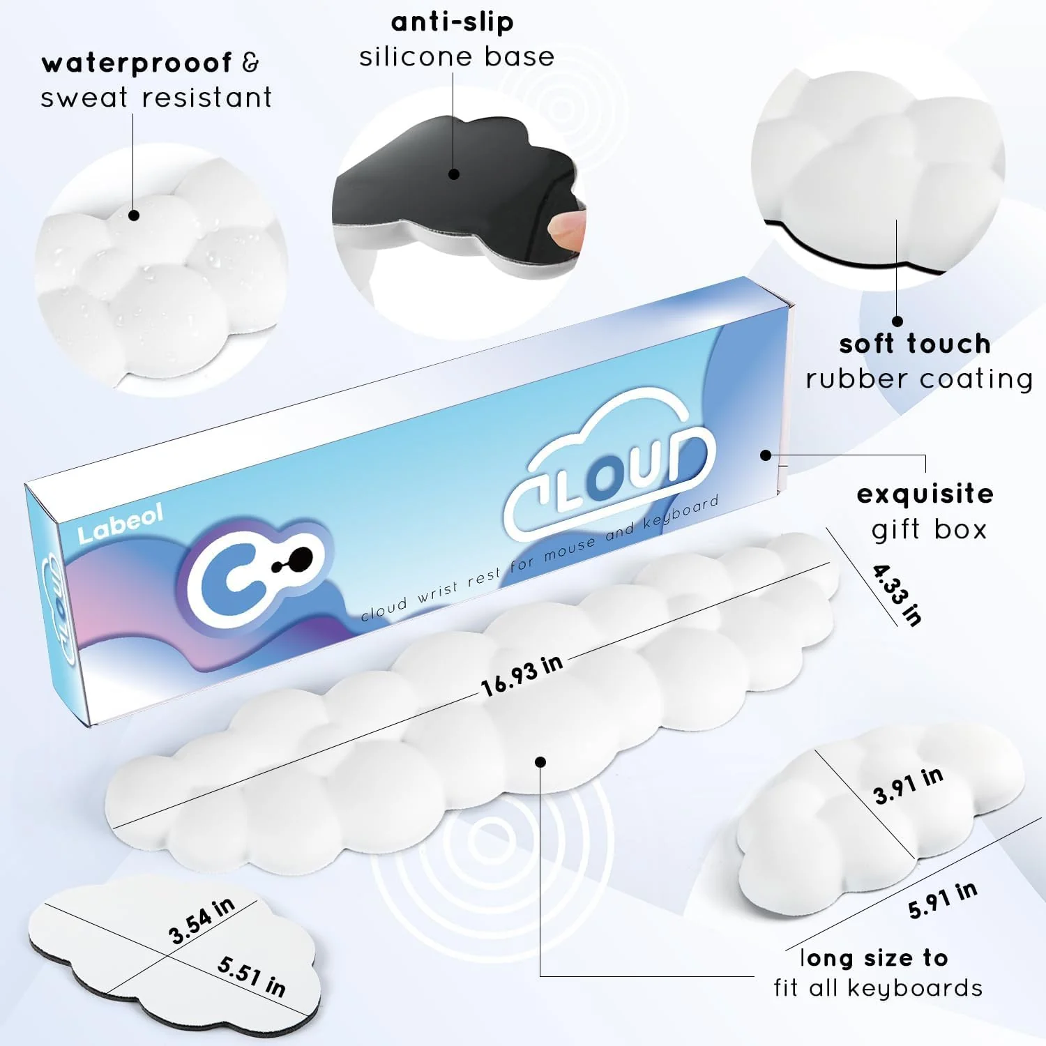 Cloud Wrist Rest for Computer Keyboard Arm Wrist Rest with Non-Slip Base Extended Wrist Rest Ergonomic Memory Foam for Keyboard and Mouse Typing Pain Relief, Office, Gaming, Computer White Set - Image 5