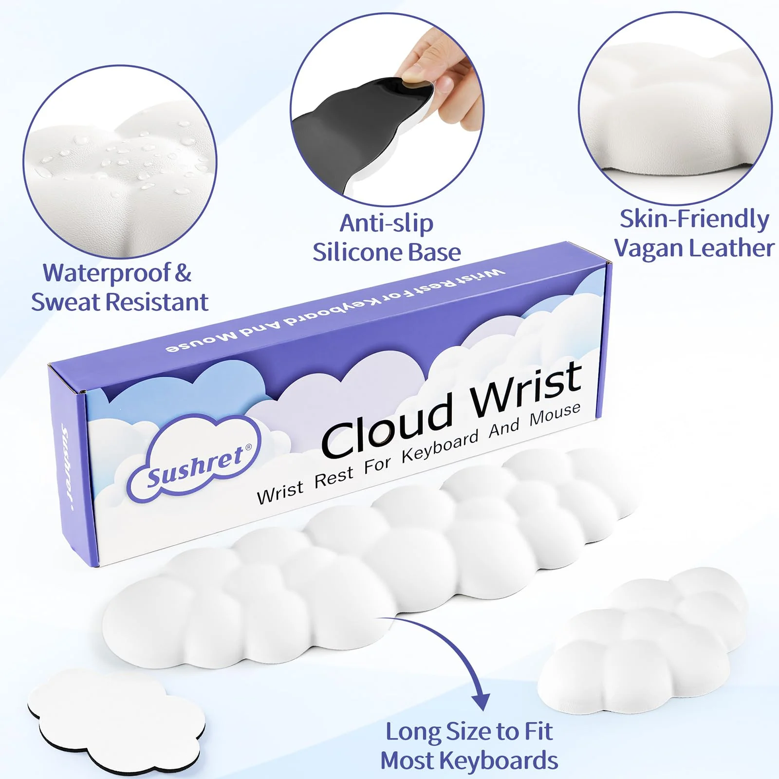 Cloud Wrist Rest Keyboard, Cloud Palm Rest Set with PU Leather Memory Foam, Cute Keyboard Rest for Wrist Support and Arm Rest, Desk Cloud Wrist Pad for PC/Gaming/Hand Cushion/Computer-White Tenkeyless 01white-tenkeyless - Image 5