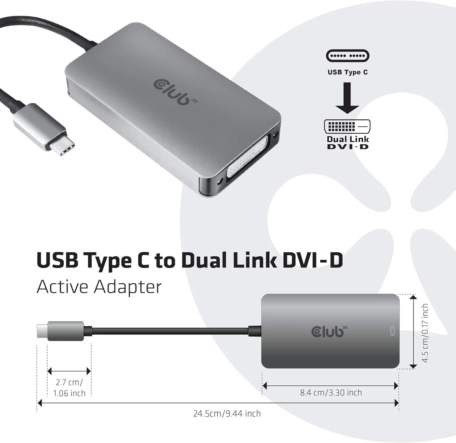 Club 3D CAC-1510 USB Type C to Dual Link DVI-D Cable Adapter Support 3840x2160@30hz, 2560x1600@60Hz HDCP Support M/F - Image 2