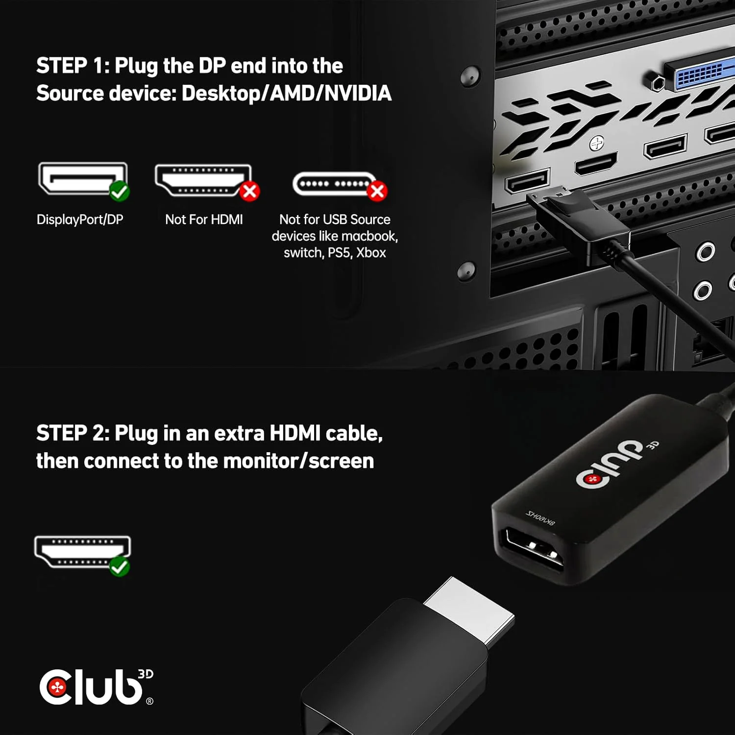 Club 3D DisplayPort to HDMI Cable 8K@60Hz 4K@120Hz Active Adapter - Gaming PC Laptop Console to Monitor TV - DP 1.4 to HDMI 2.1 HDR10+ Dolby Vision Converter CAC-1088 - Image 4