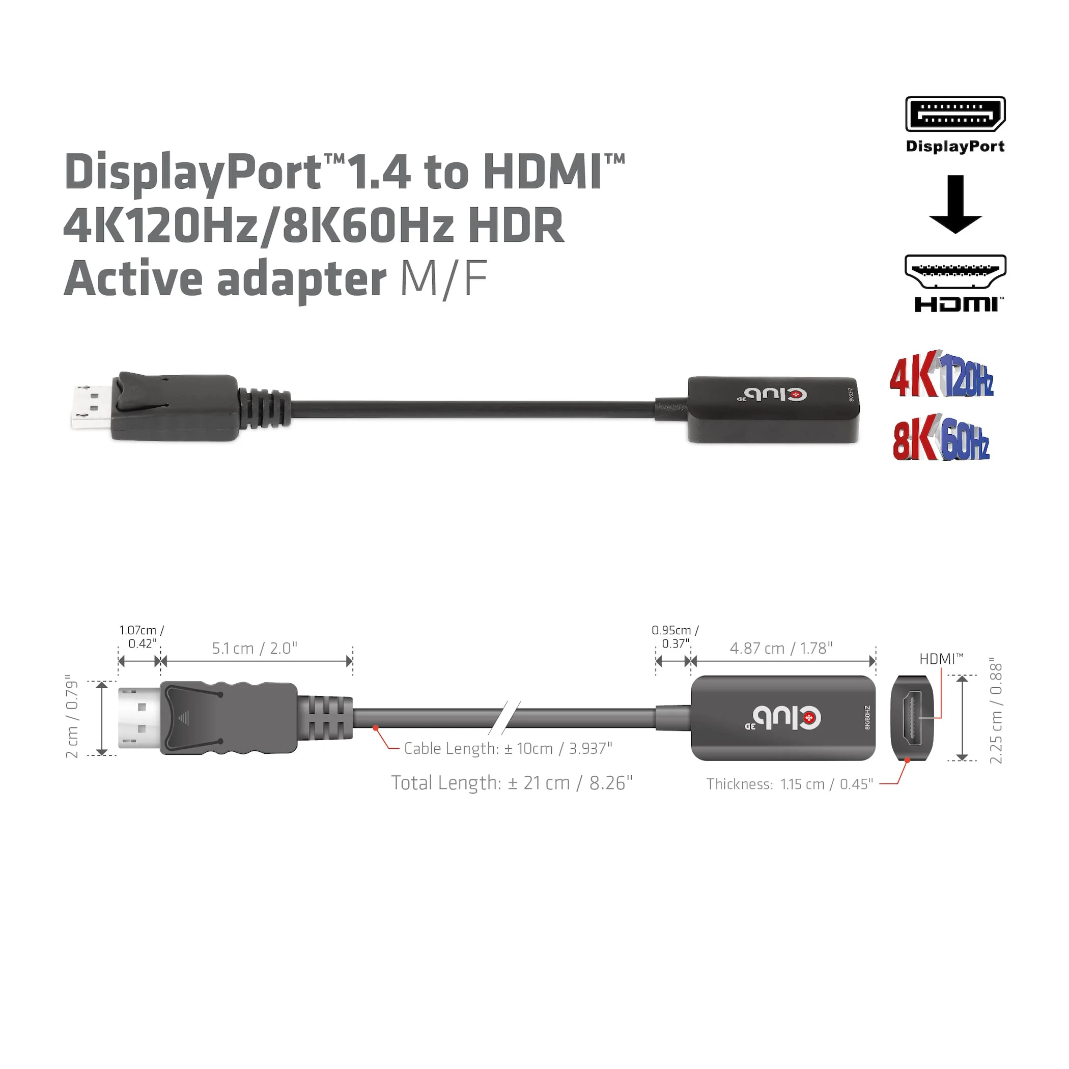 Club 3D DisplayPort to HDMI Cable 8K@60Hz 4K@120Hz Active Adapter - Gaming PC Laptop Console to Monitor TV - DP 1.4 to HDMI 2.1 HDR10+ Dolby Vision Converter CAC-1088 - Image 7
