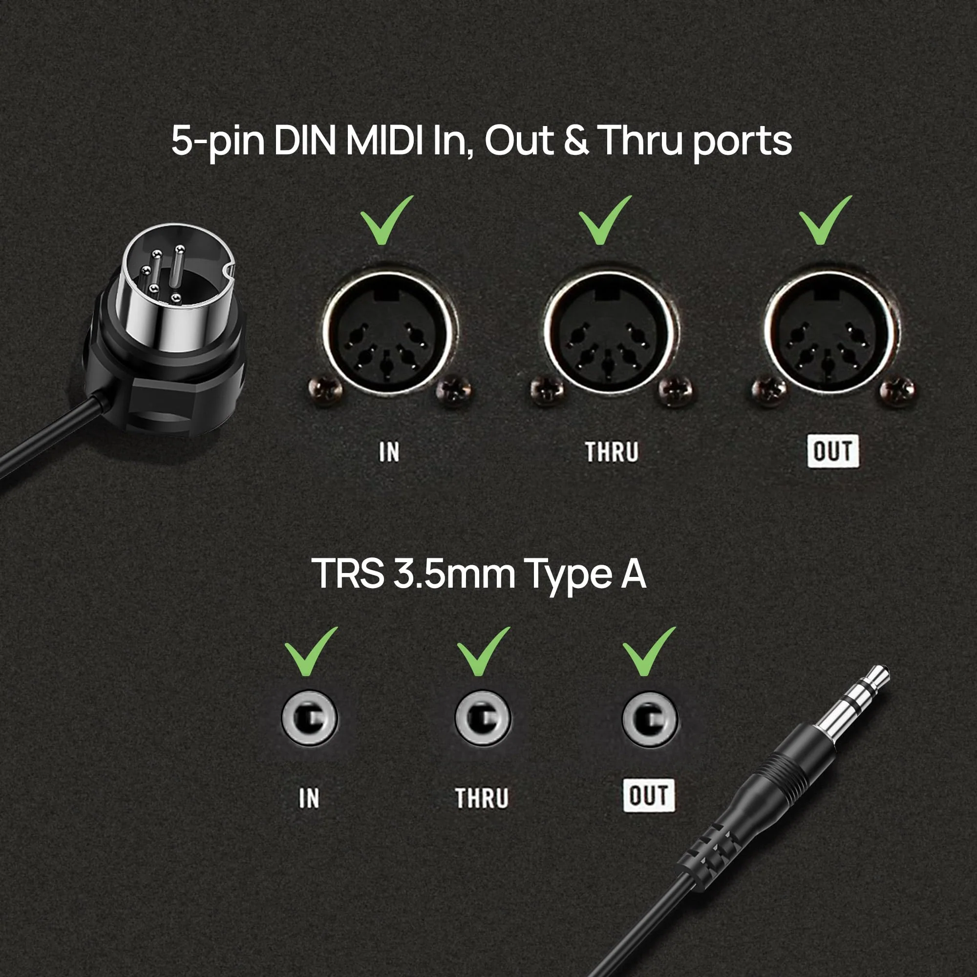 CME TRS MIDI Cable 4-Pack - Straight TRS Type A (3.5mm - 1/8”) to Angled 5-pin DIN, 2FT / 60CM - Perfect for Compact Spaces and patching 4-Pack Straight - Image 3